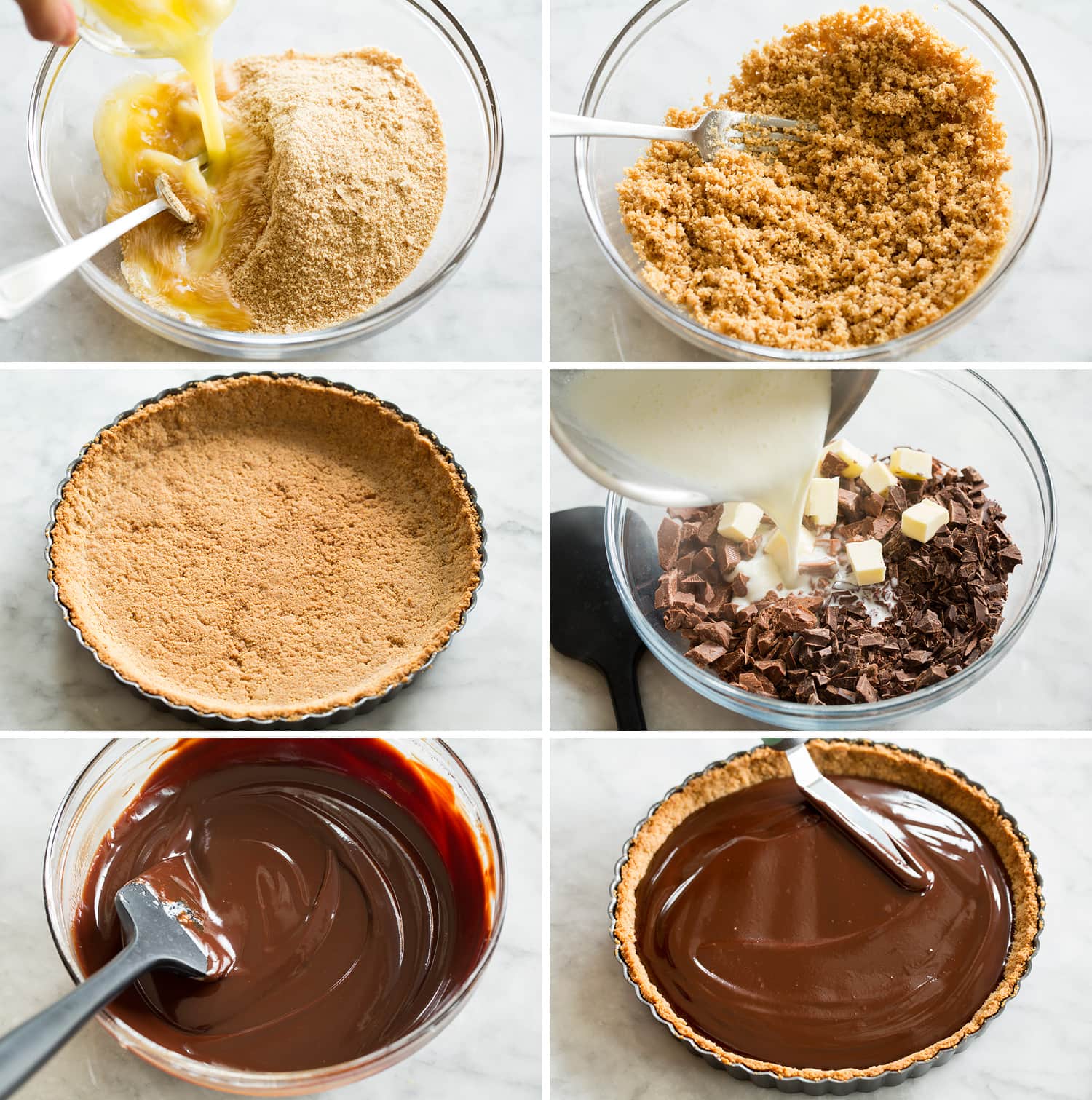 Steps of making graham cracker crust and chocolate filling for pie.