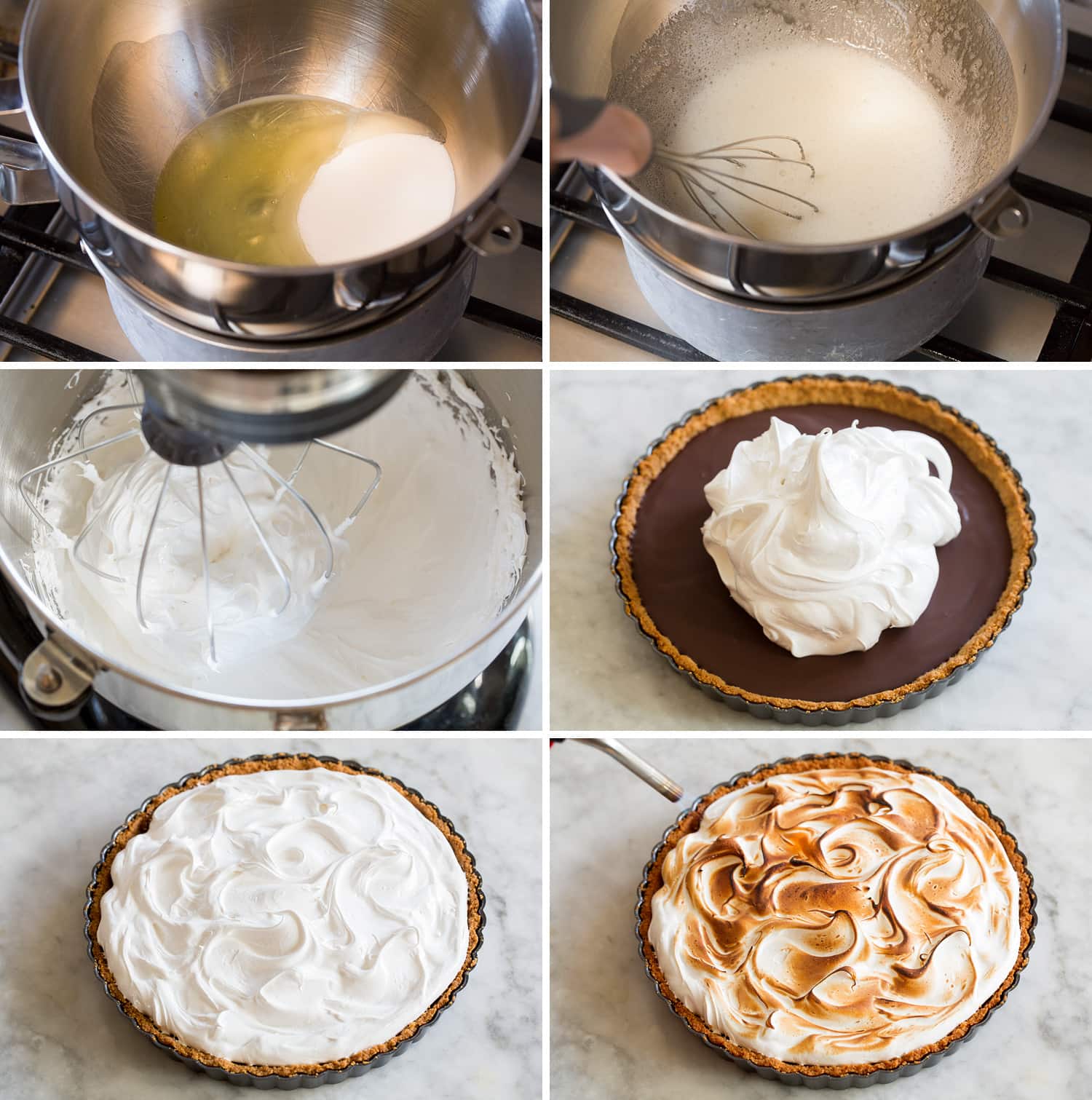 Making meringue for s'mores pie, spreading over pie and toasting.