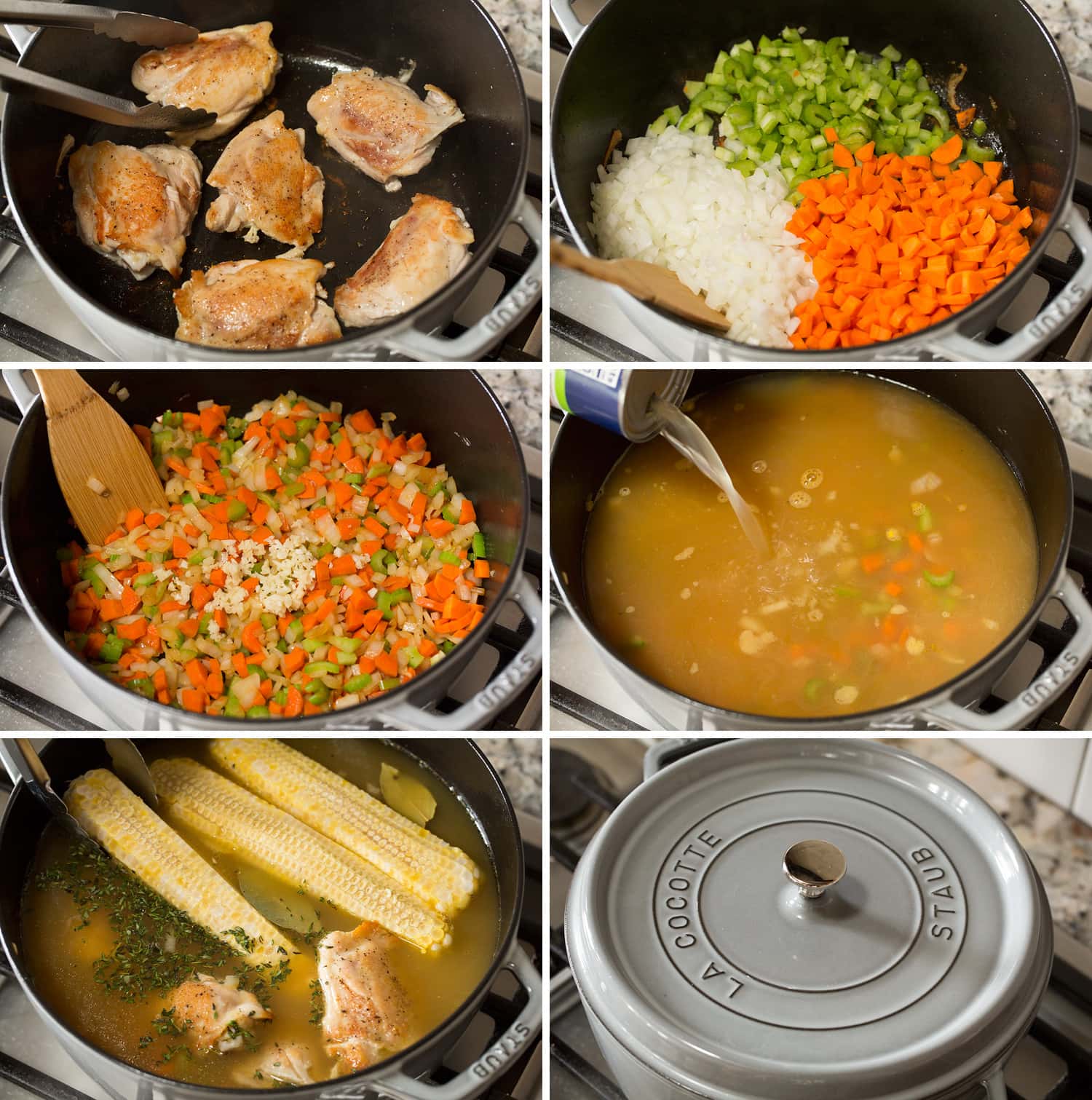 Six steps of browning chicken, sautéing vegtables and simmering soup.