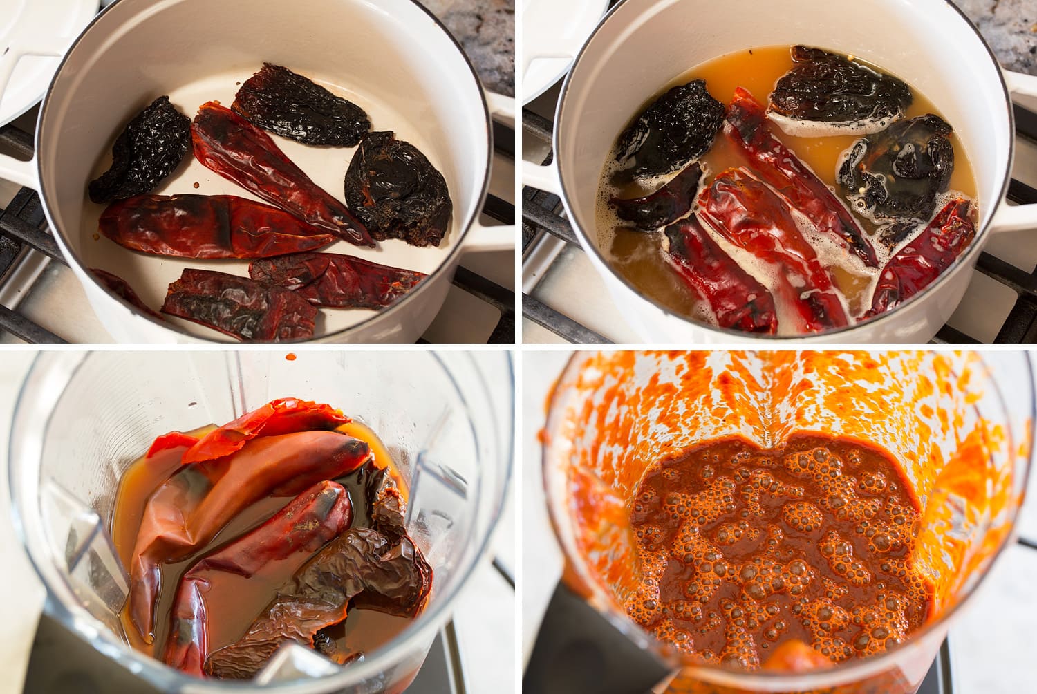 Making chili puree from dried peppers and water.