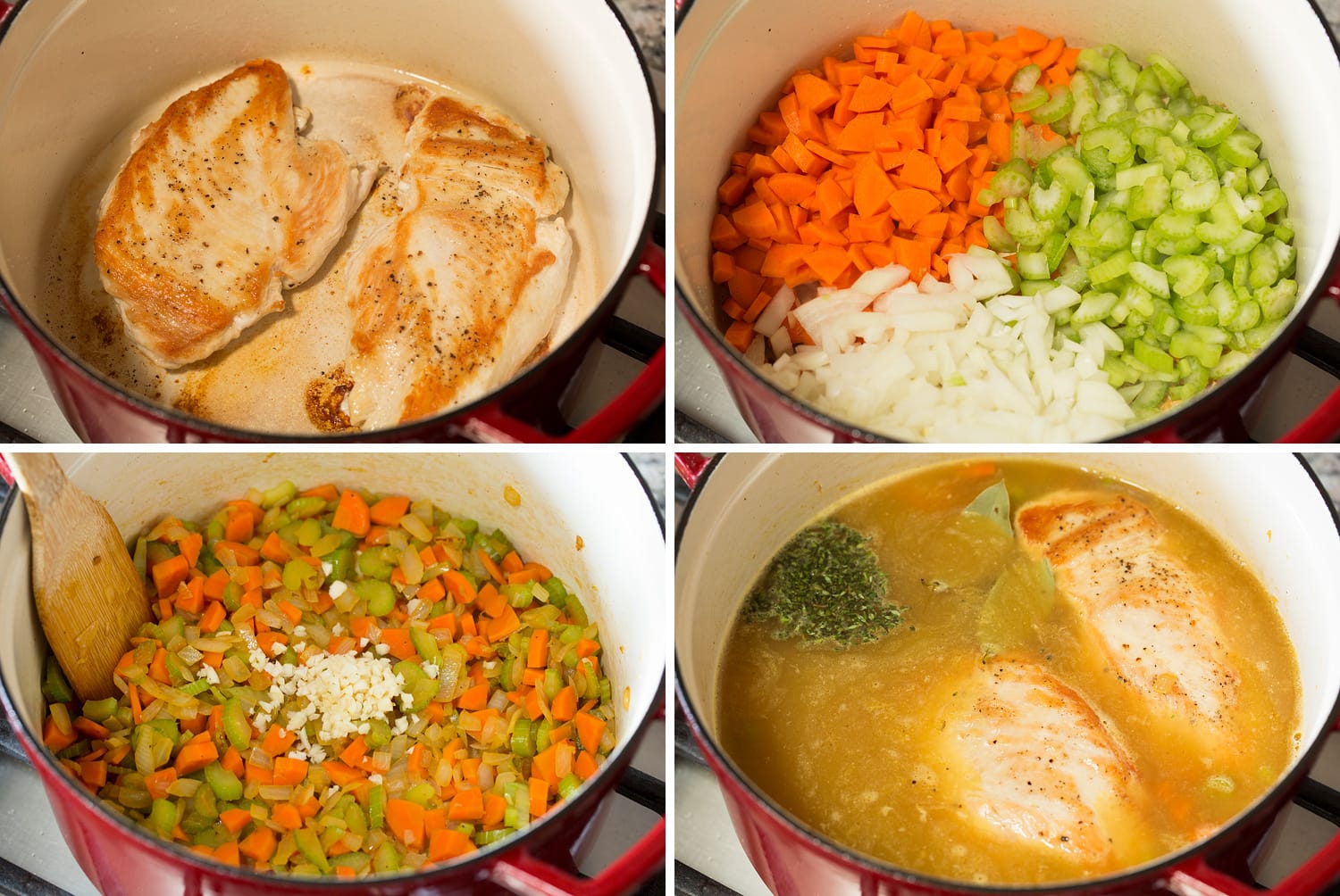 Steps to brown chicken breasts for soup, saute vegetables and add broth.