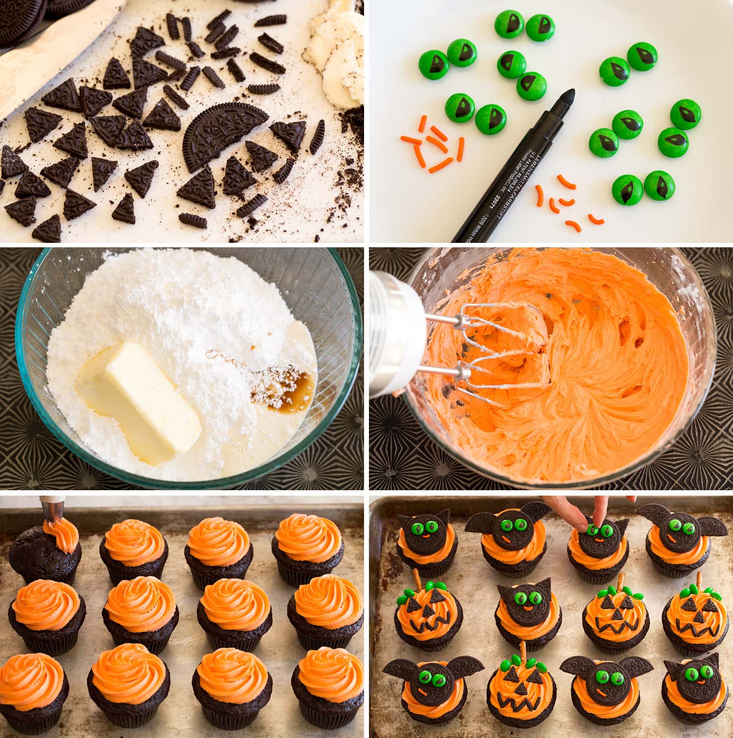 Steps of making oreo and mm decoration for cupcakes, frosting and decorating.