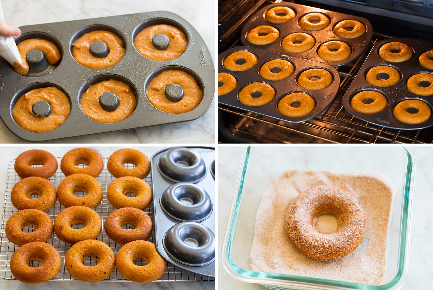 Four photos showing steps of filing donut pan, baking, cooling and coating with cinnamon sugar.
