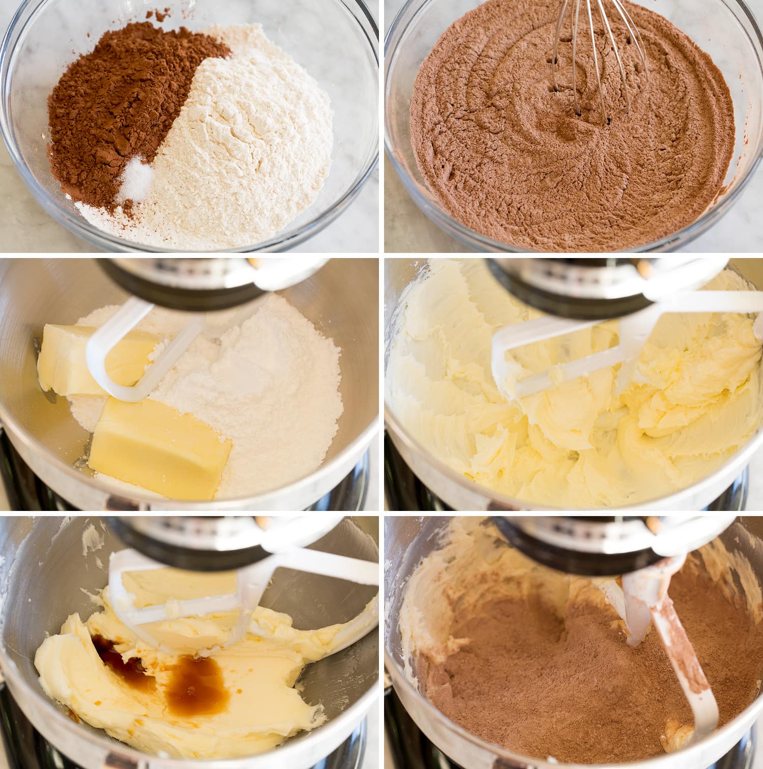 Six steps showing how to prepare chocolate shortbread cookie dough.