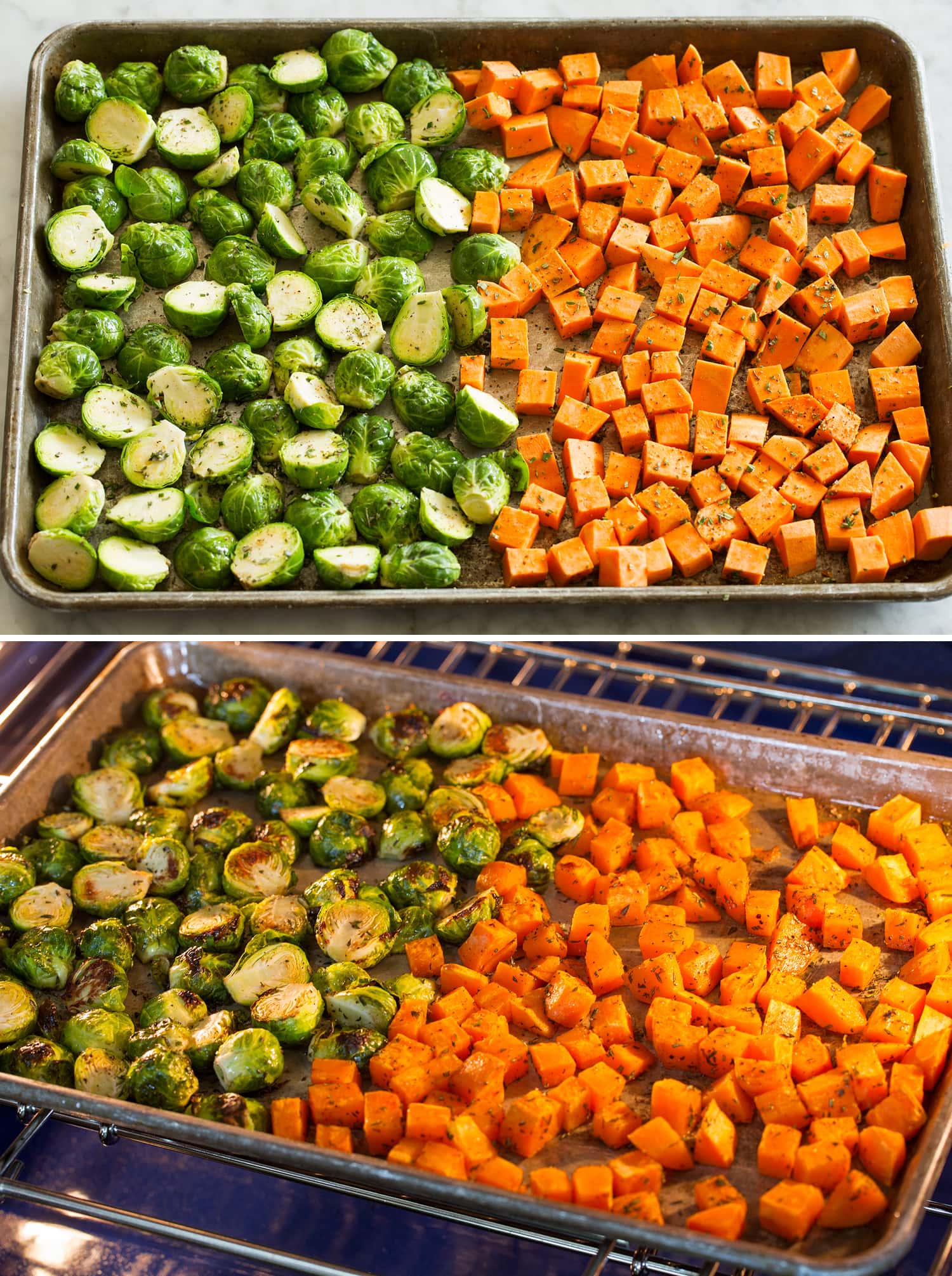 Roasting diced sweet potatoes and brussels sprouts halves.