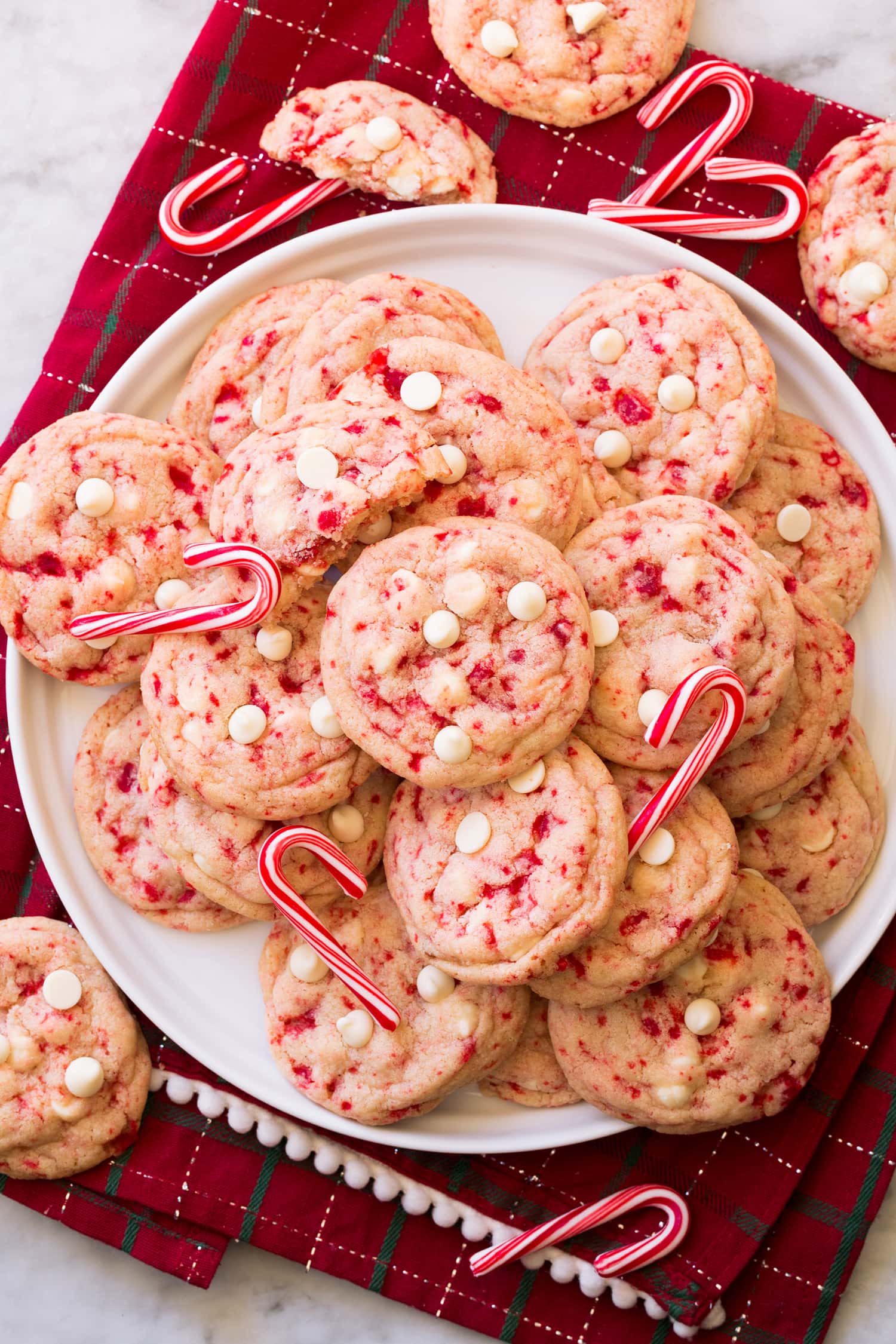 Overhead photo of peppermint white chocolate chip cookies.