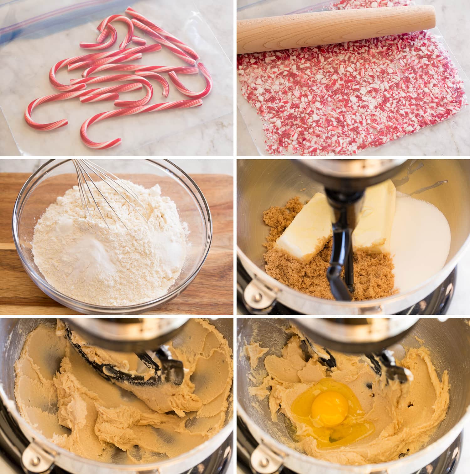 First steps of making peppermint cookie dough. with peppermint candy canes, four mixture and butter sugar mixture.