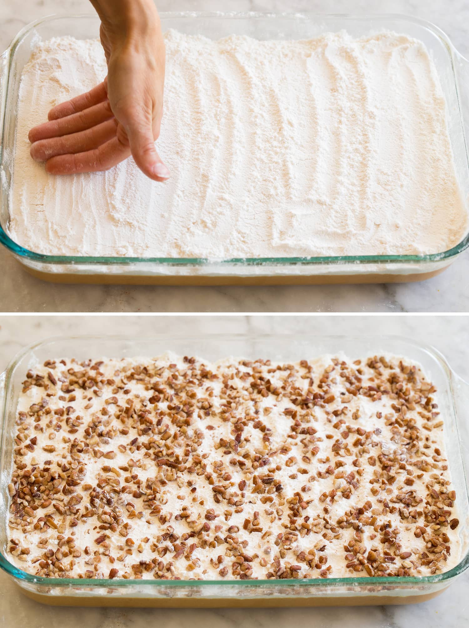 Layering cake mix and pecans for cake.