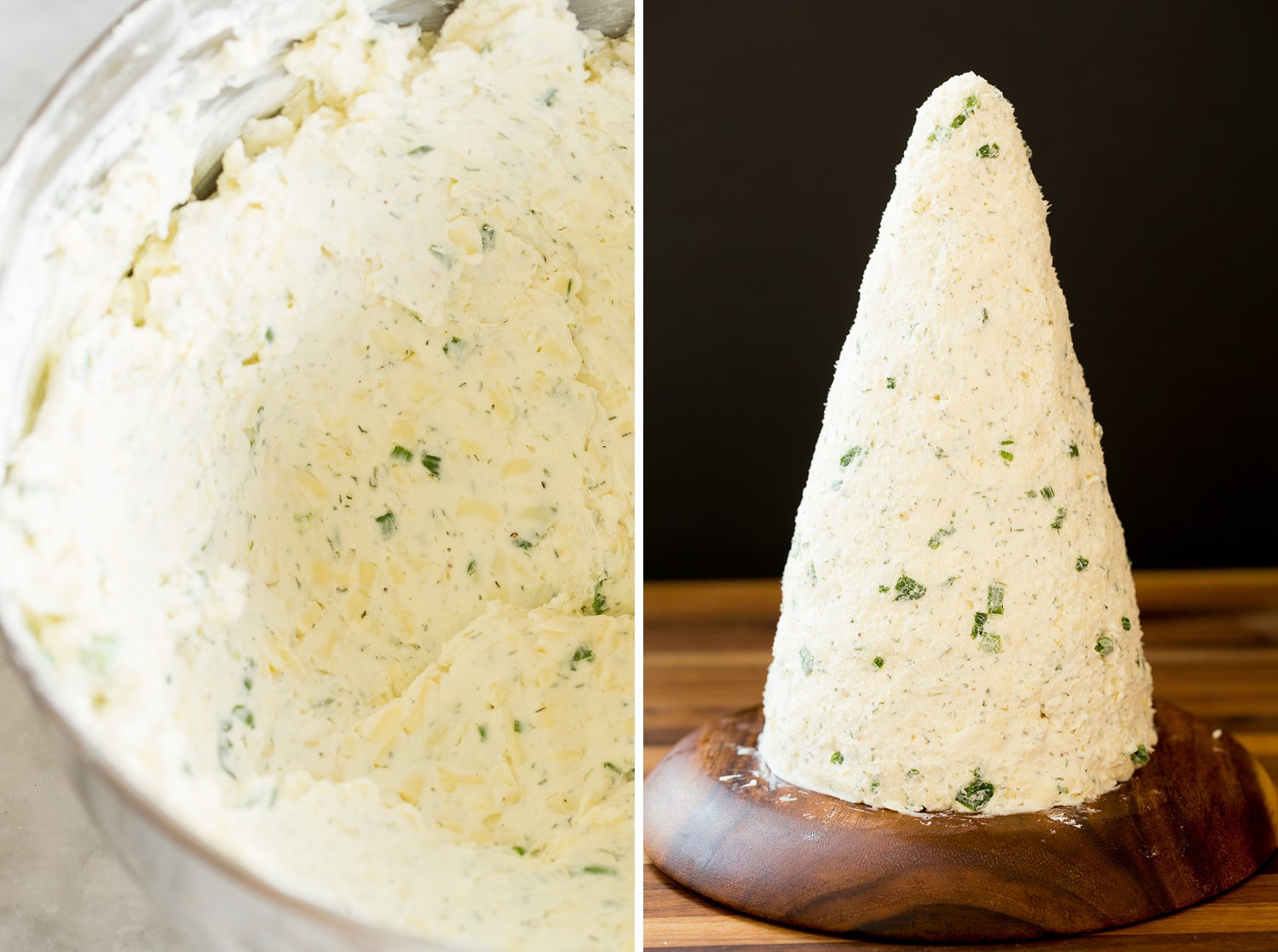 Shaping a cheese ball mixture into a cone or tree shape.