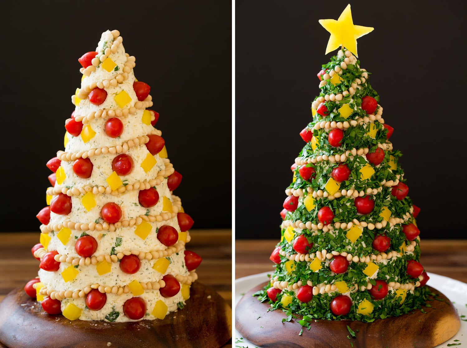 Decorating a cheeseball with herbs, tomatoes and pine nuts for a Christmas tree finish.