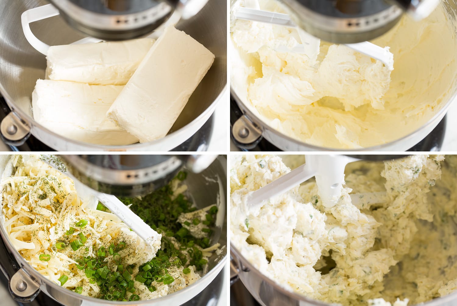 Steps of making cheese ball mix in a food processor with cream cheese, grated cheese and herbs.