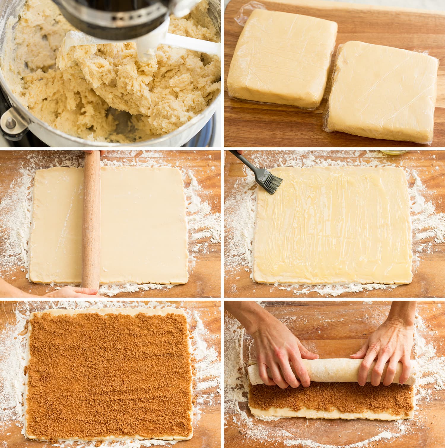 Steps of shaping dough with cinnamon sugar.