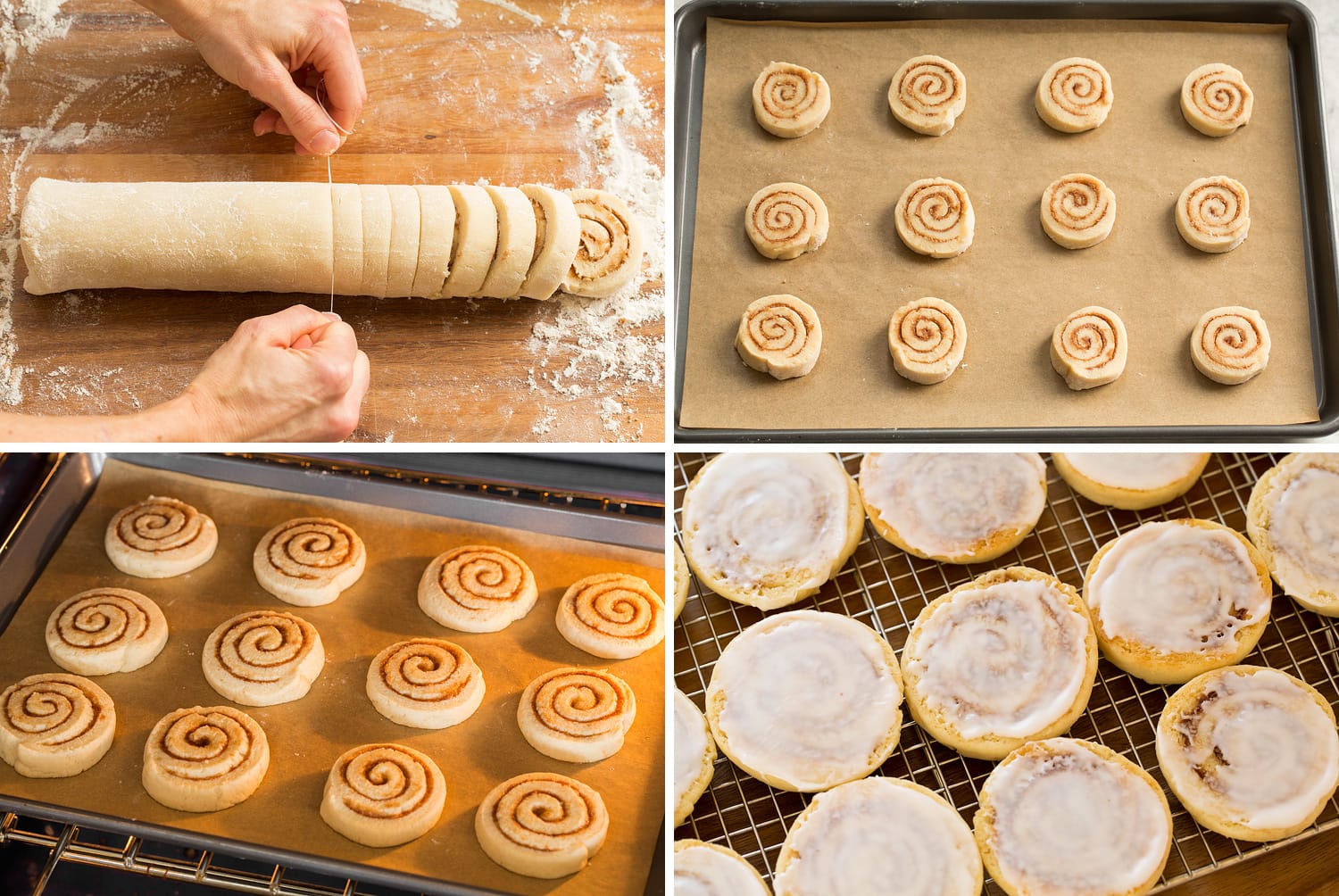 Slicing and baking cinnamon roll cookies.