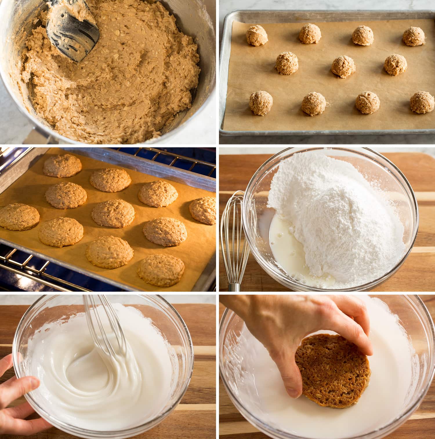 Steps for shaping, baking and icing oatmeal cookies.