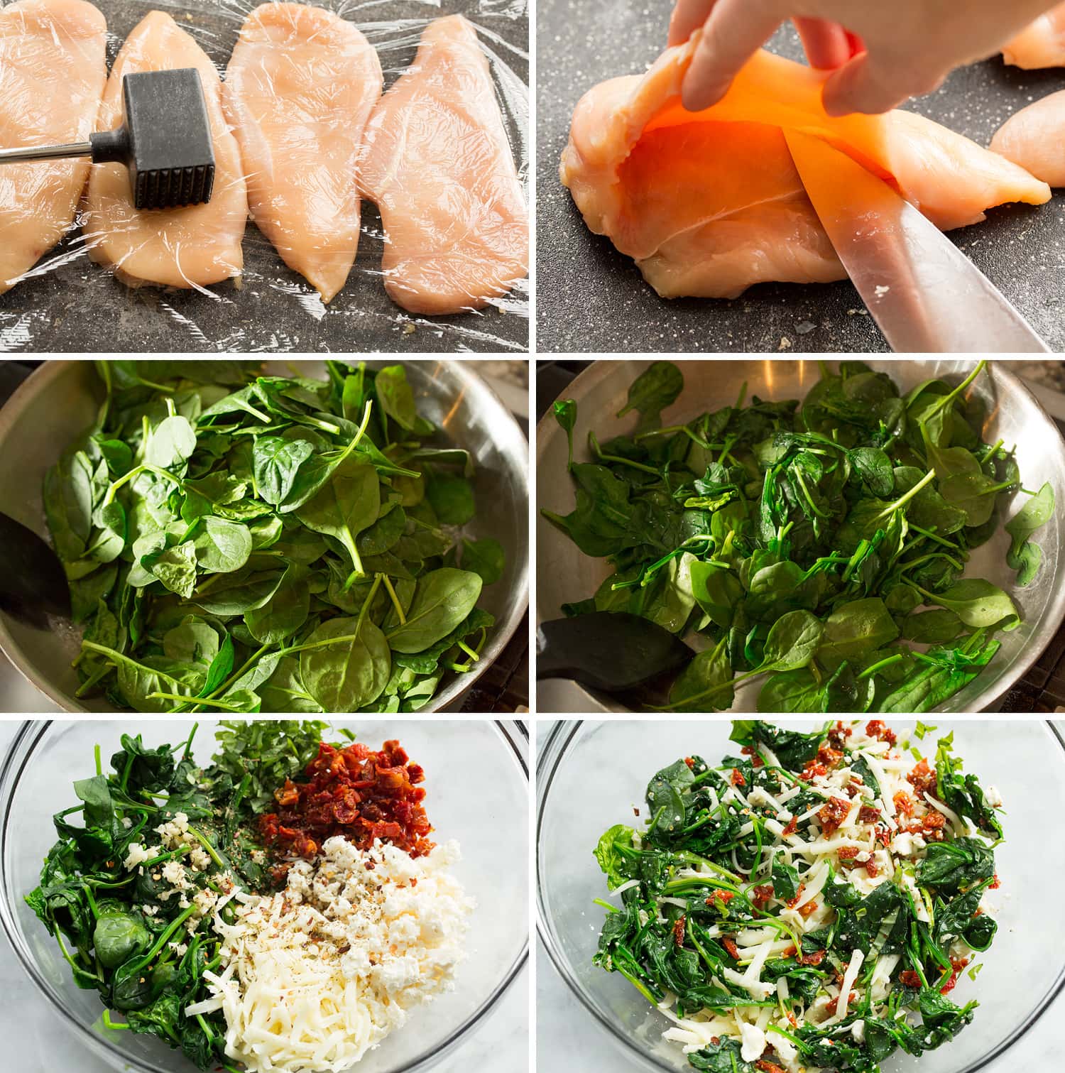 Steps showing how to prep chicken breasts and make spinach cheese filling.