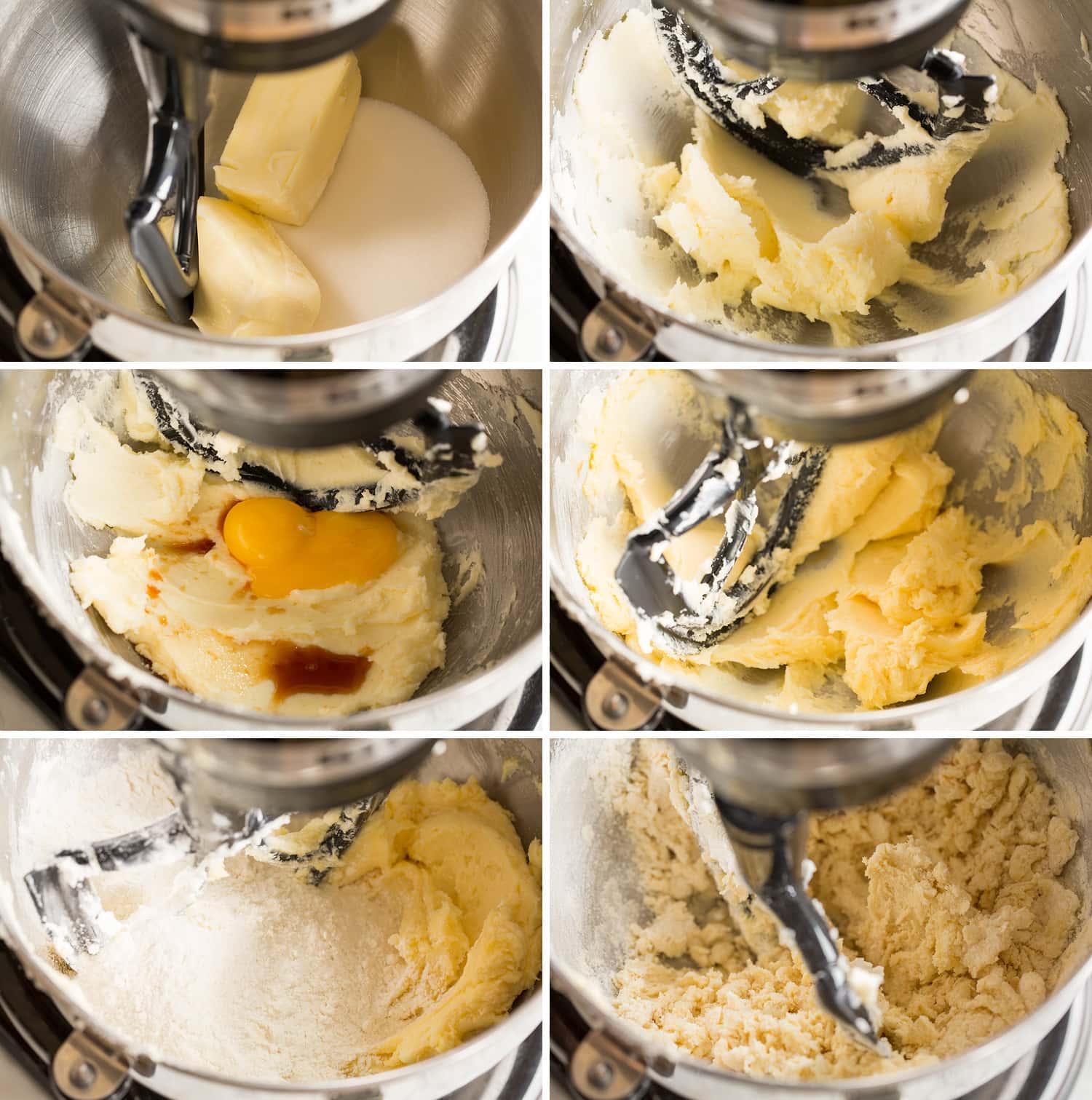 Steps to making thumbprint cookie dough in a stand mixer.