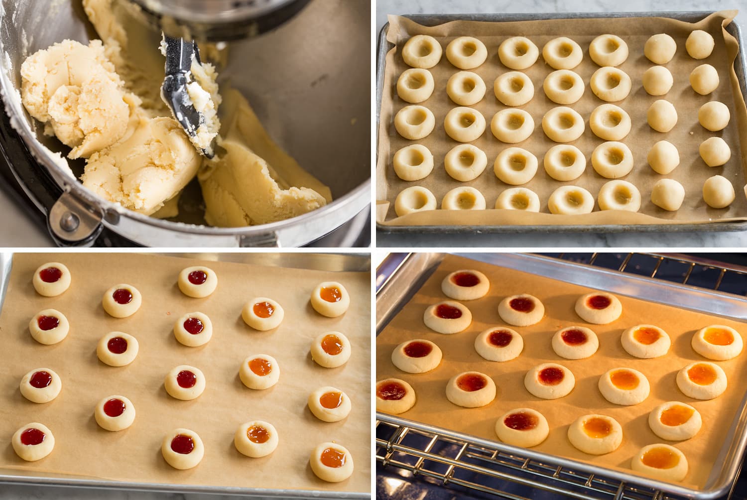 Steps of shaping thumbprint cookies, adding jam and baking.
