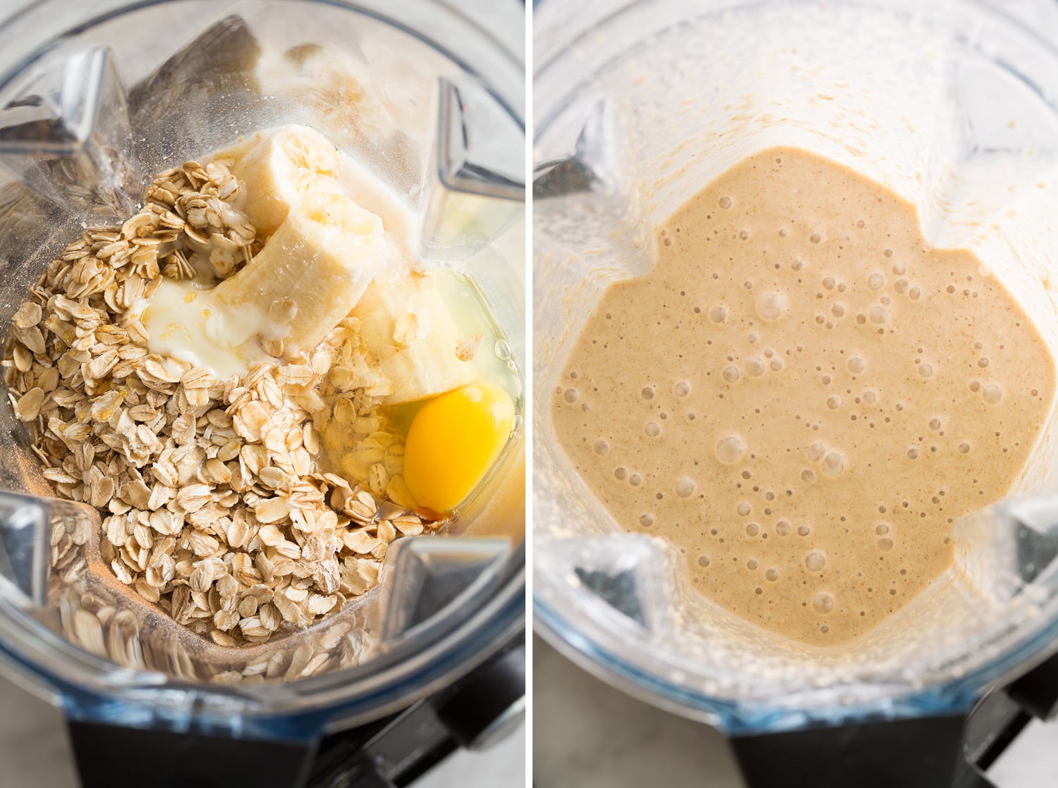Oat mixture shown in blender before and after mixing.