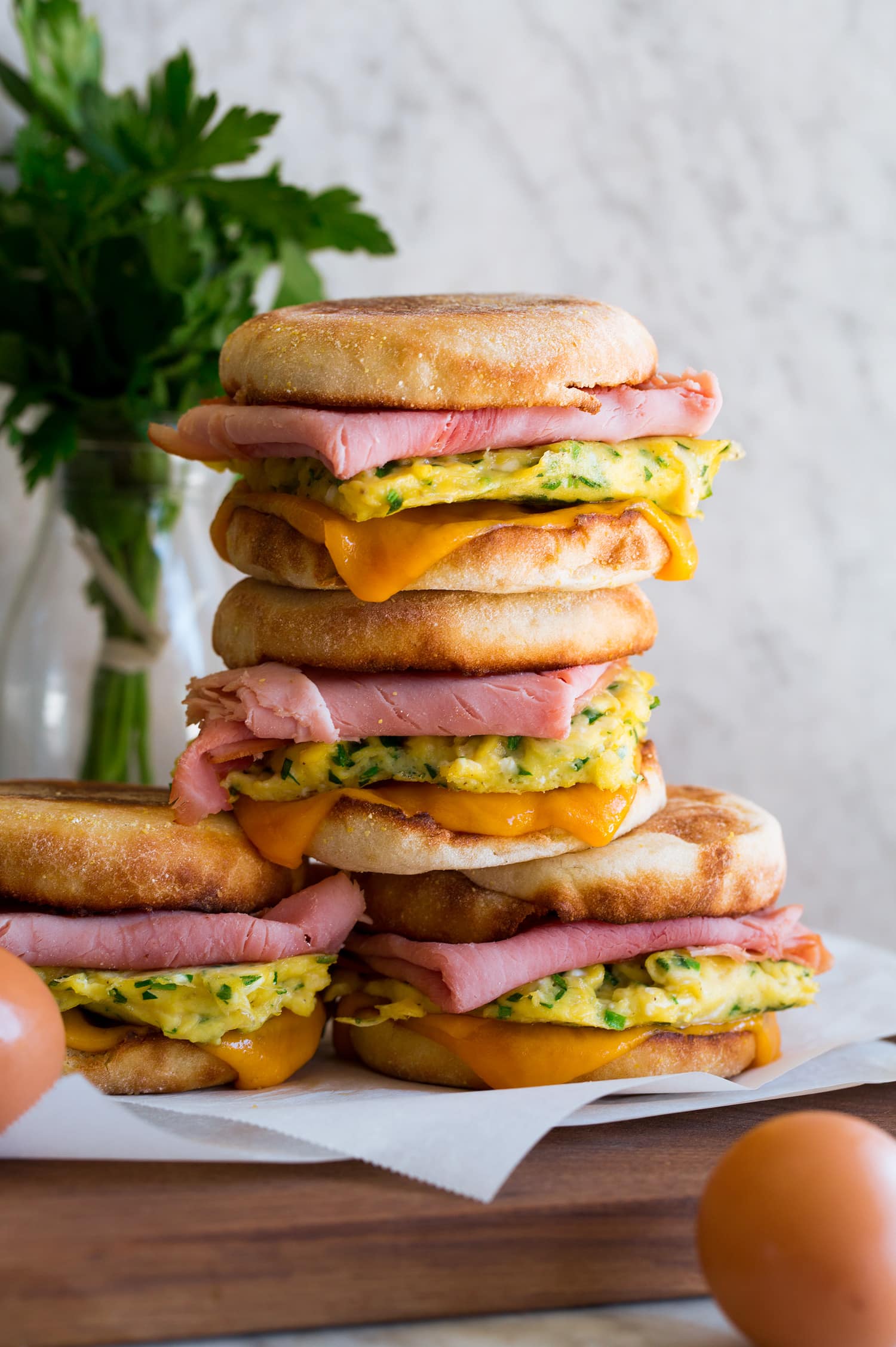 Stack of breakfast sandwiches.
