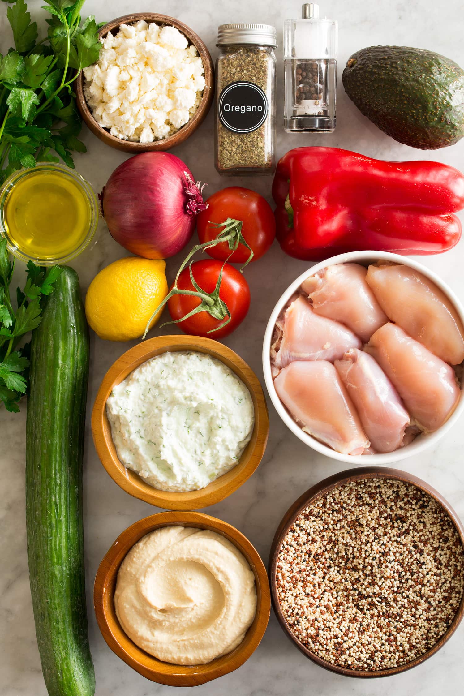 Ingredients needed to make an easy Greek chicken bowl.