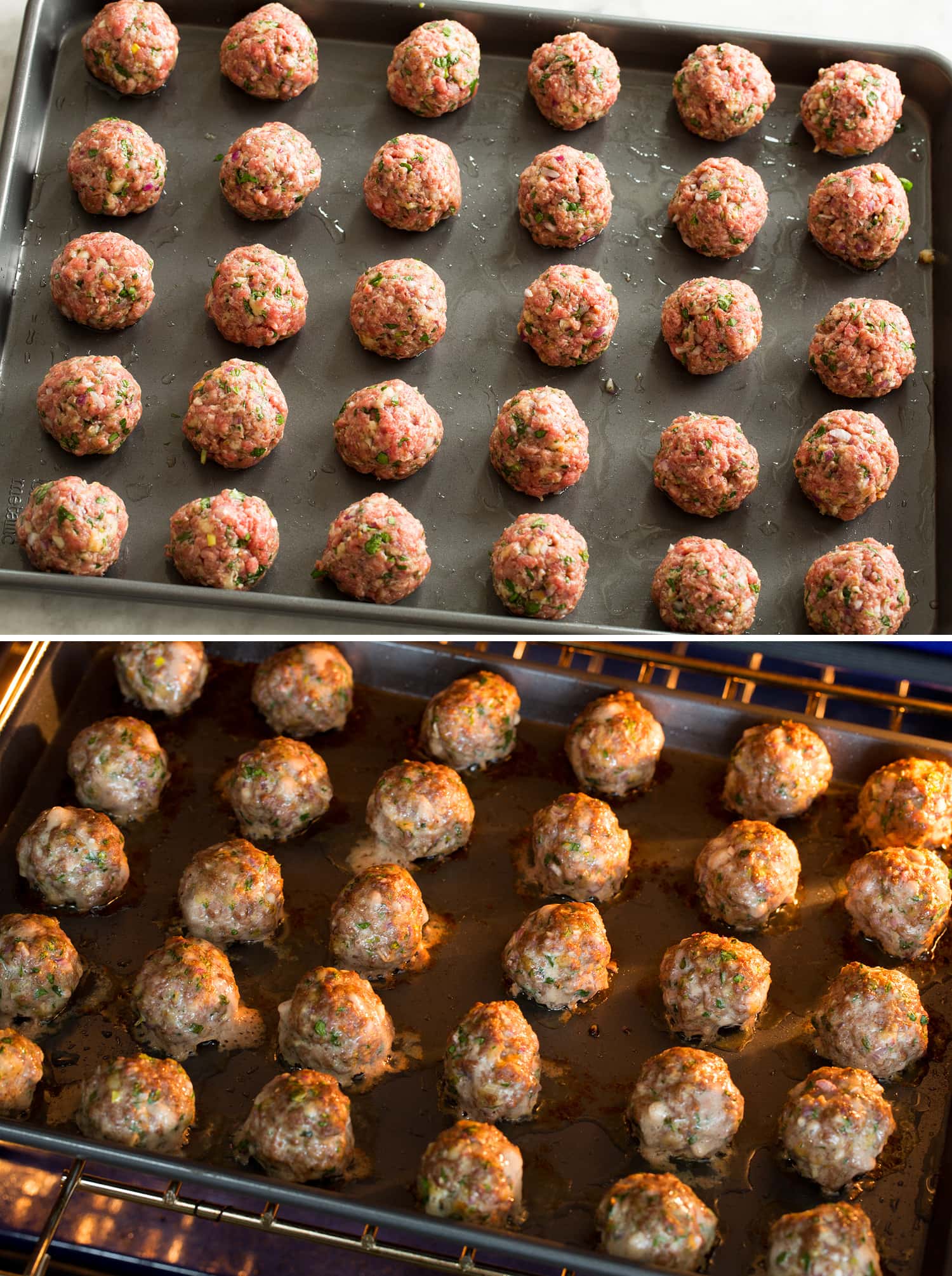 Meatballs on a baking sheet shown formed and also after baking.
