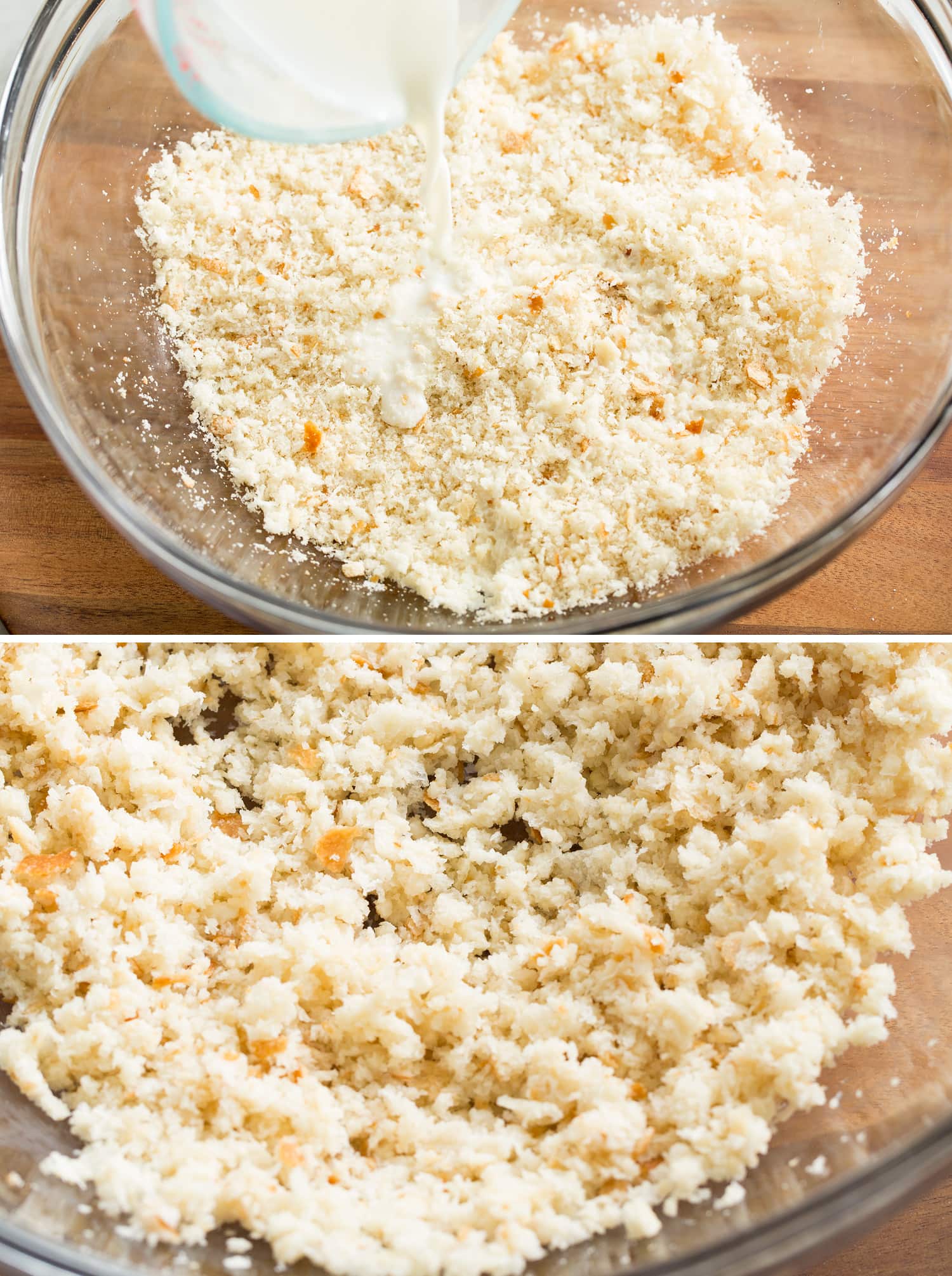 Making homemade fresh breadcrumbs and soaking with milk.