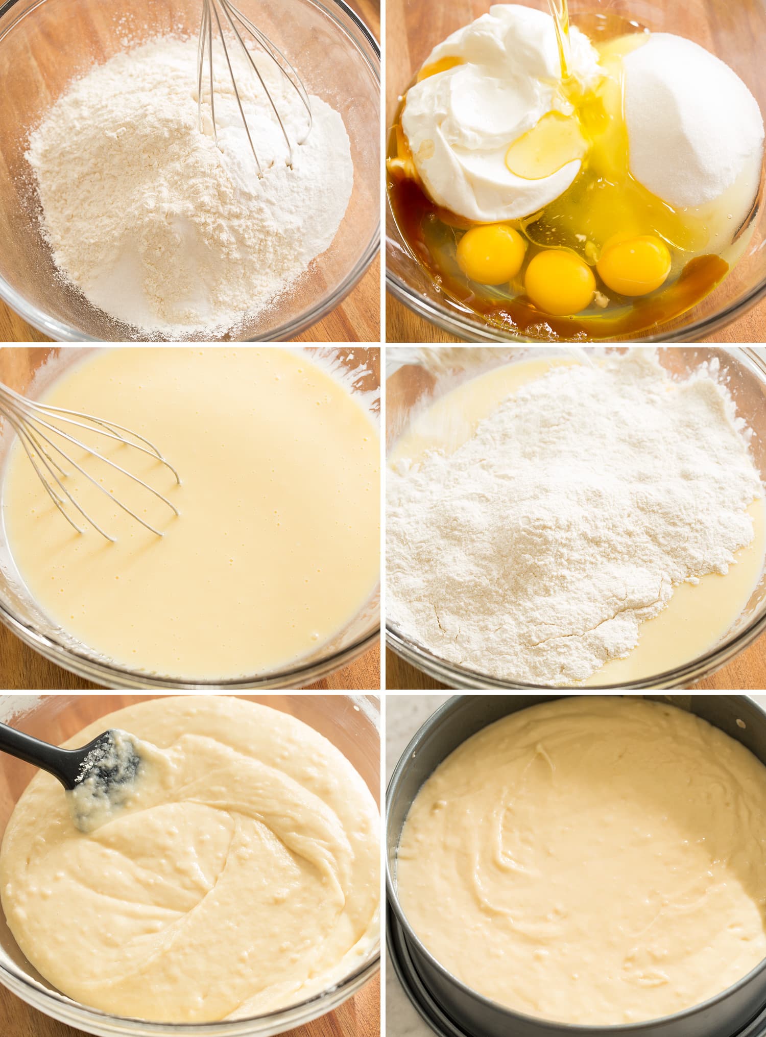 Steps of making yogurt cake batter.