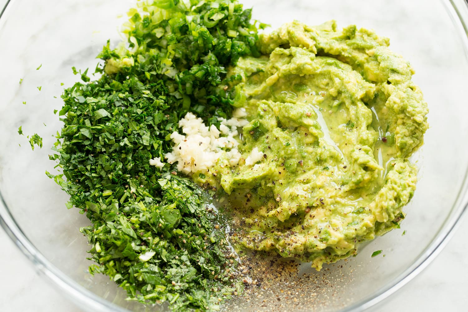 Mashed avocado, herb and lime mixture.