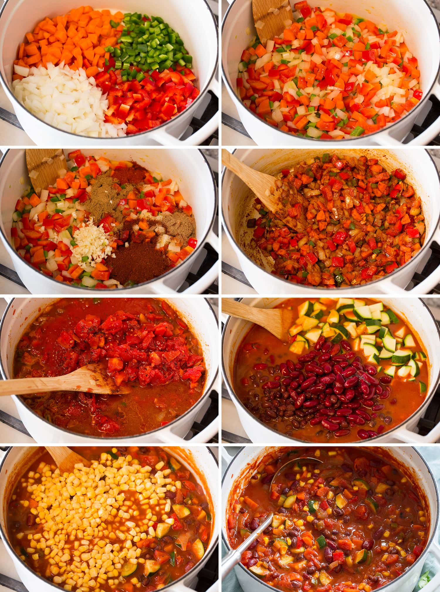 Steps showing how to make vegetarian chili in a pot on the stovetop.