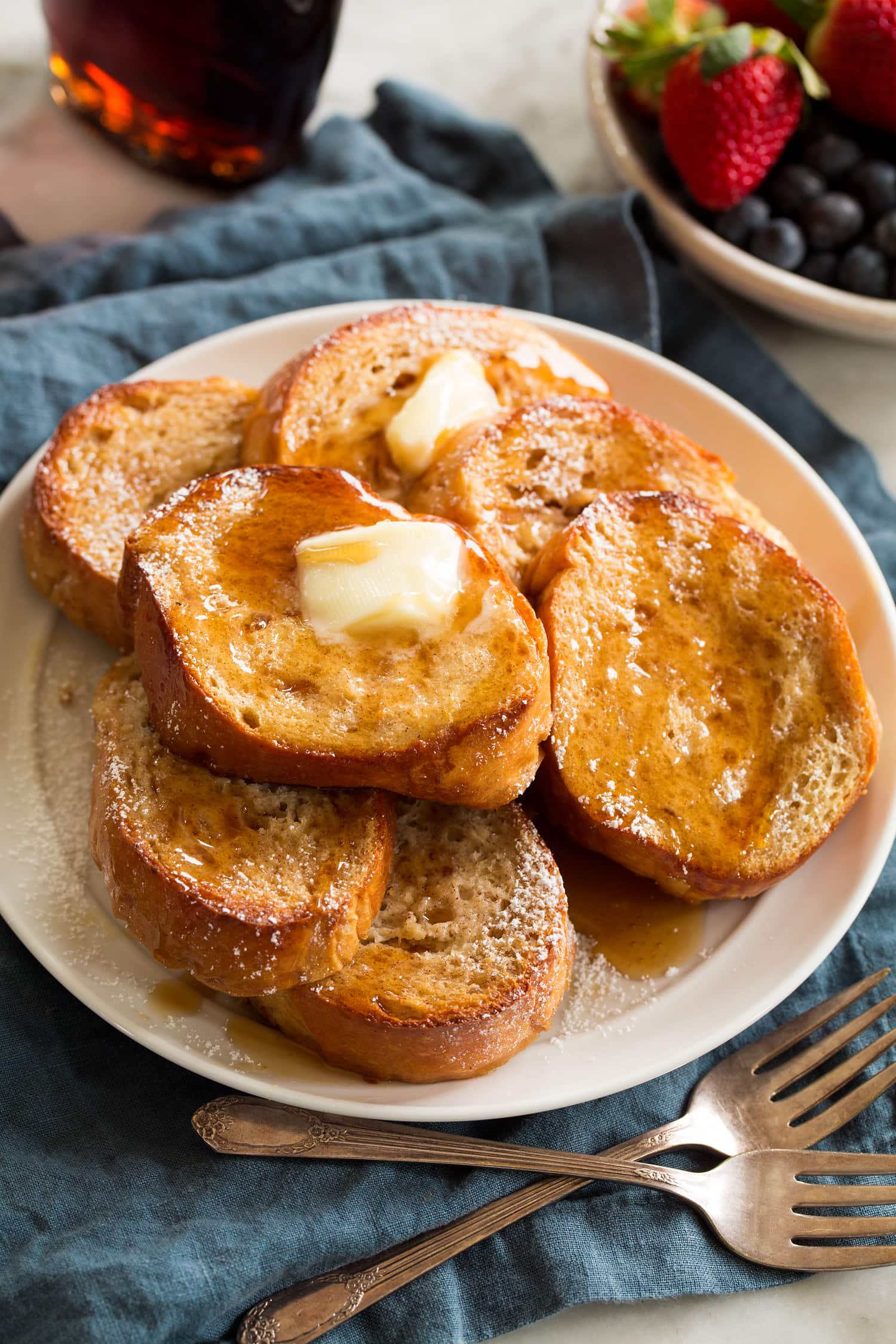 Baked french toast cut into individual slices.