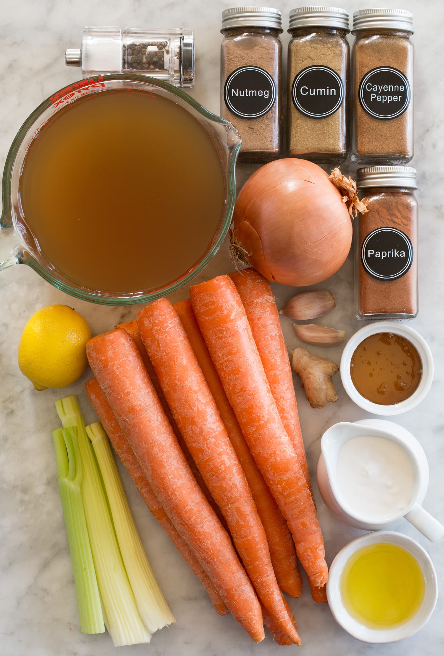 Carrot soup recipe ingredients shown.