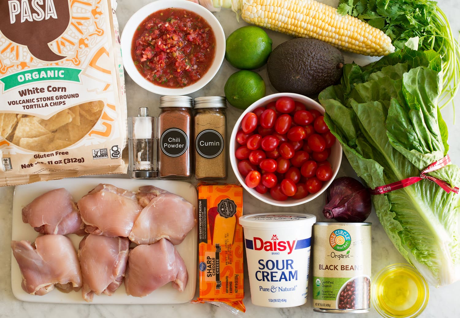 Ingredients used to make chicken taco salad.