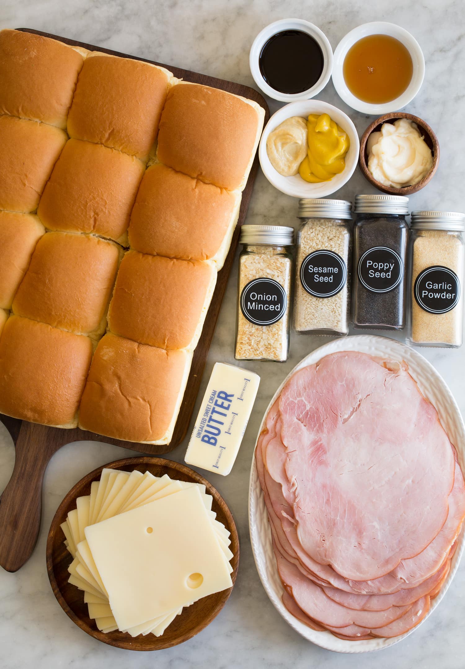 Ingredients needed for ham and cheese sliders.