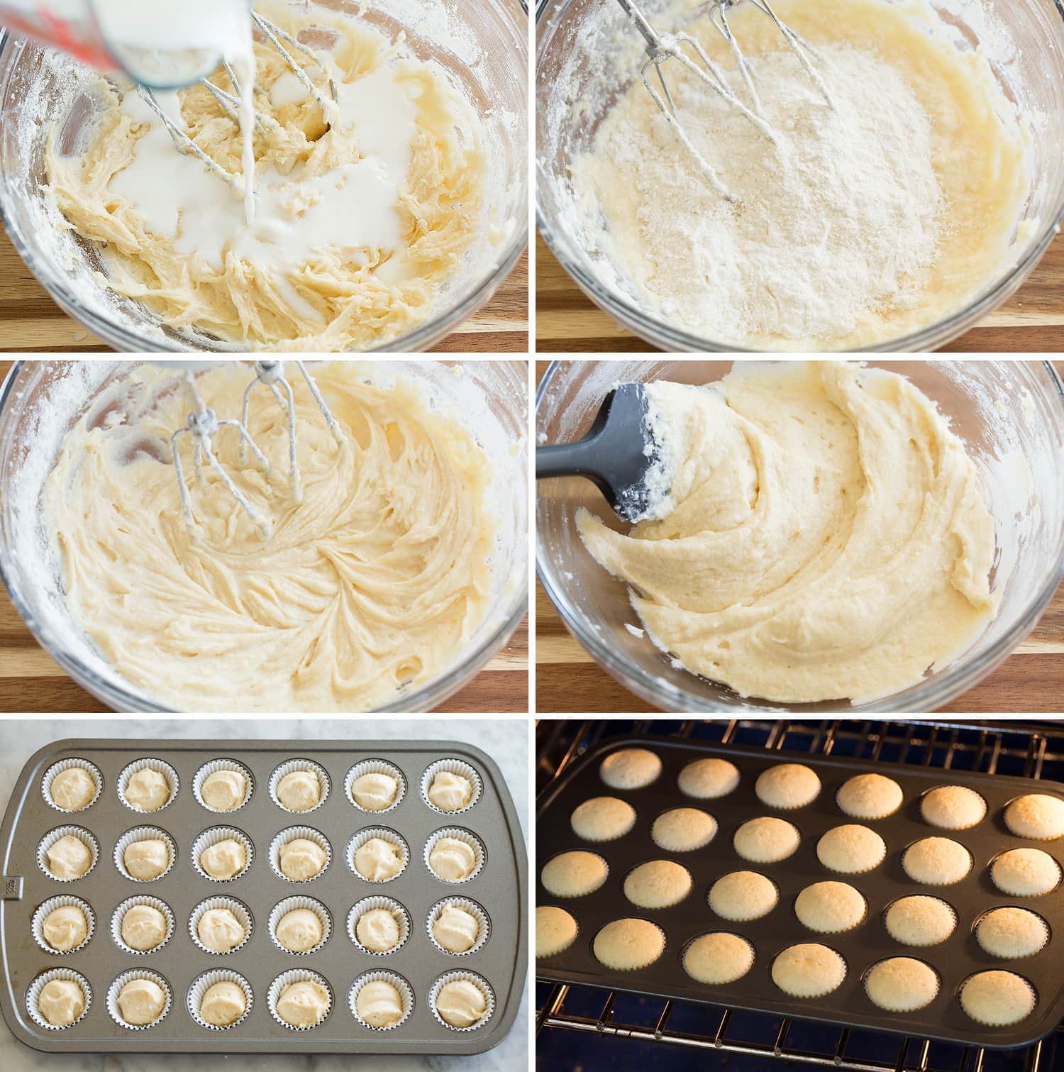 Continued steps of making mini cupcake batter and putting in mini muffin pan to bake.