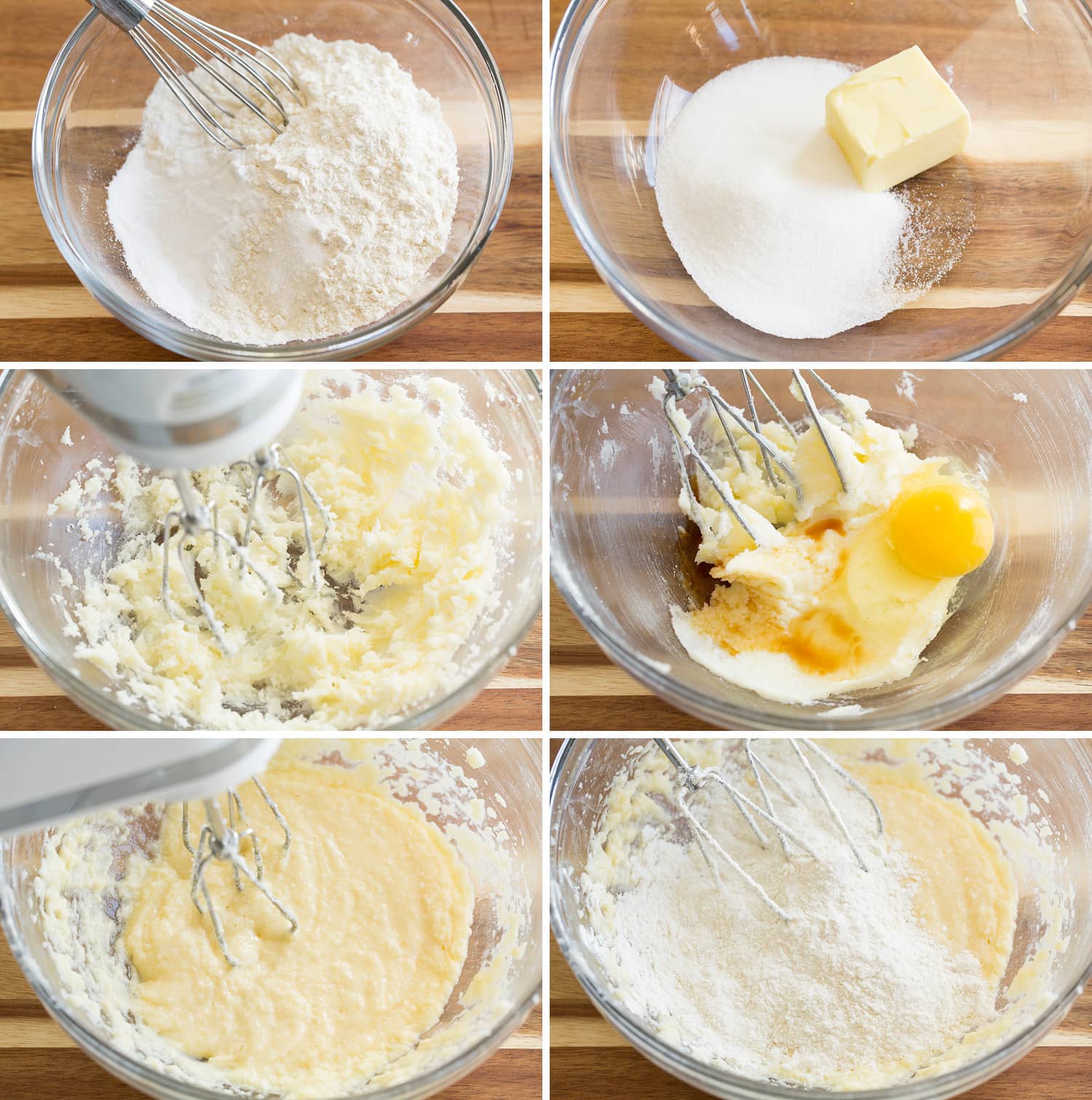 Steps of making cupcake batter in a glass bowl with an electric mixer.