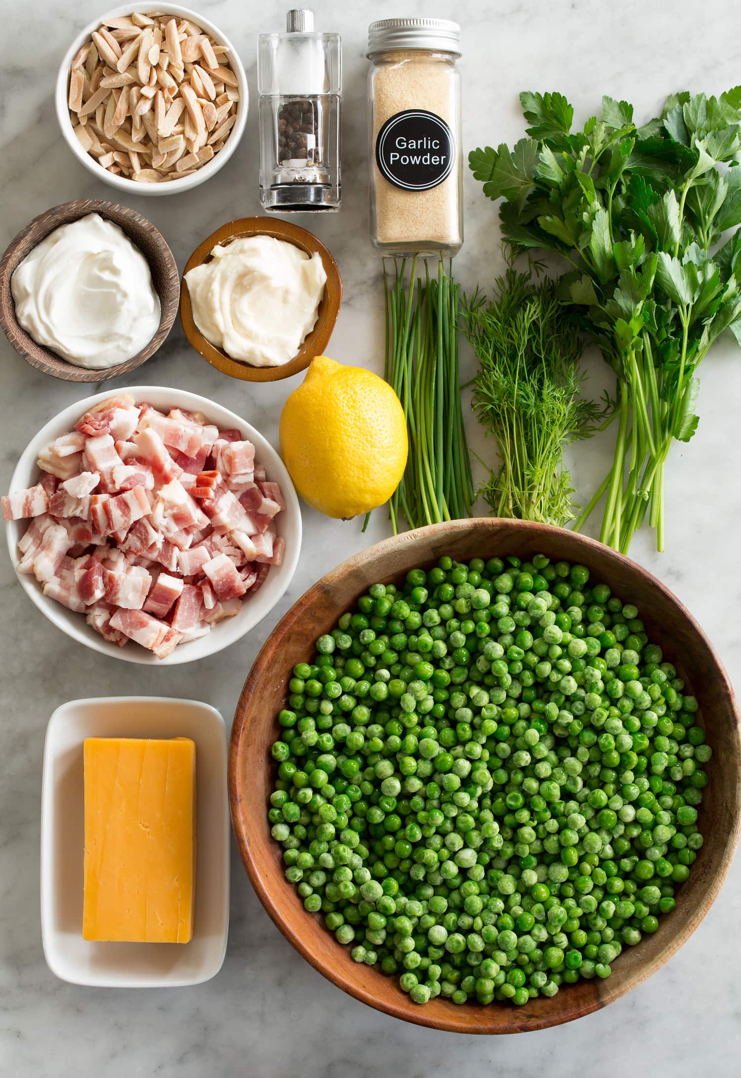 Ingredients used to make pea salad.