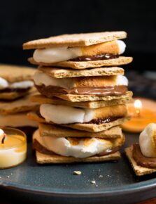 Stack of homemade s'mores that were made in the oven.