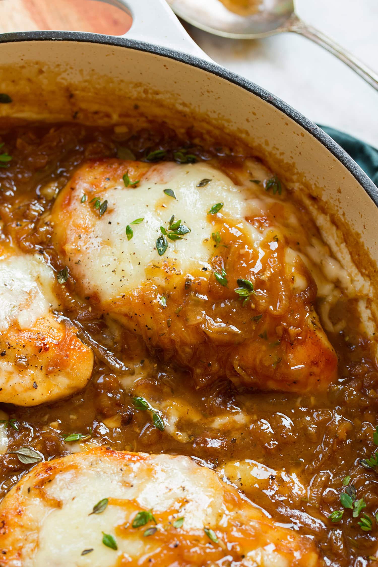 Close up photo french onion chicken.