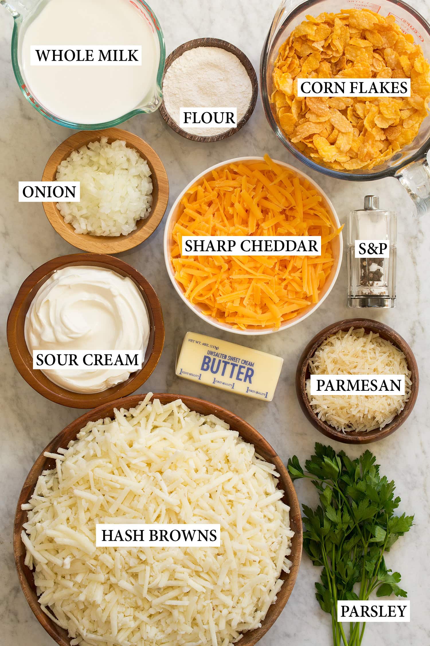 Funeral Potatoes Ingredients used to make funeral potatoes.