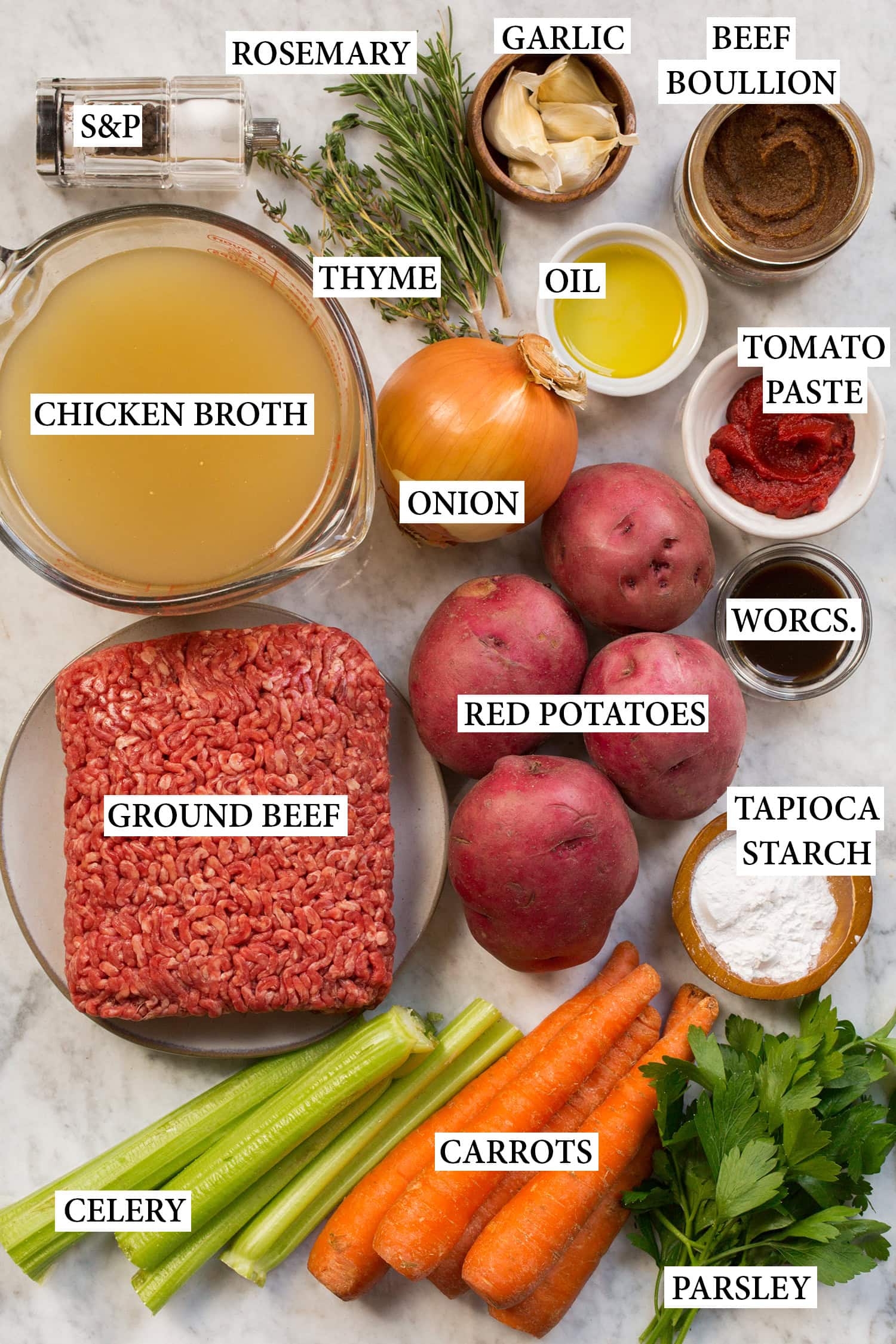 Ingredients used to make ground beef stew.
