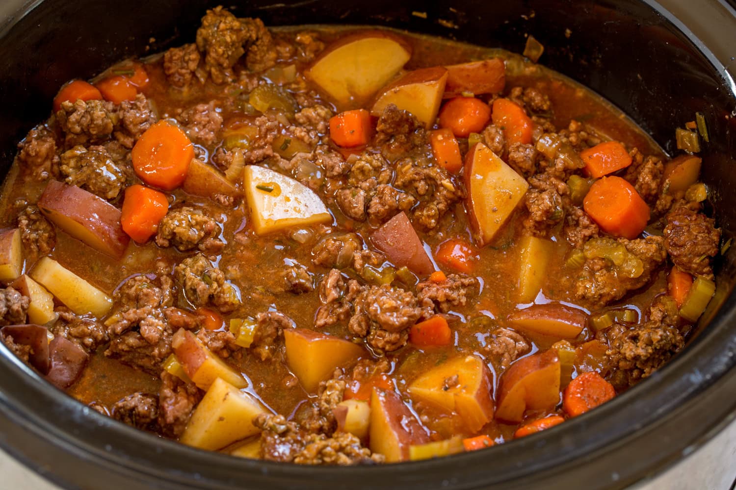 Completed ground beef stew after slow cooking 6 hours.