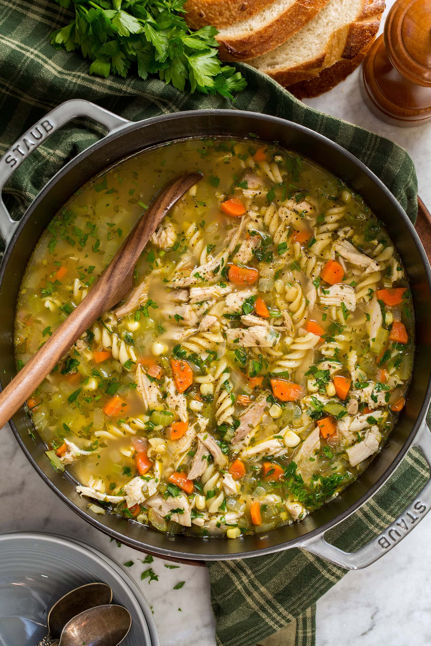 Overhead photo of turkey noodle soup.