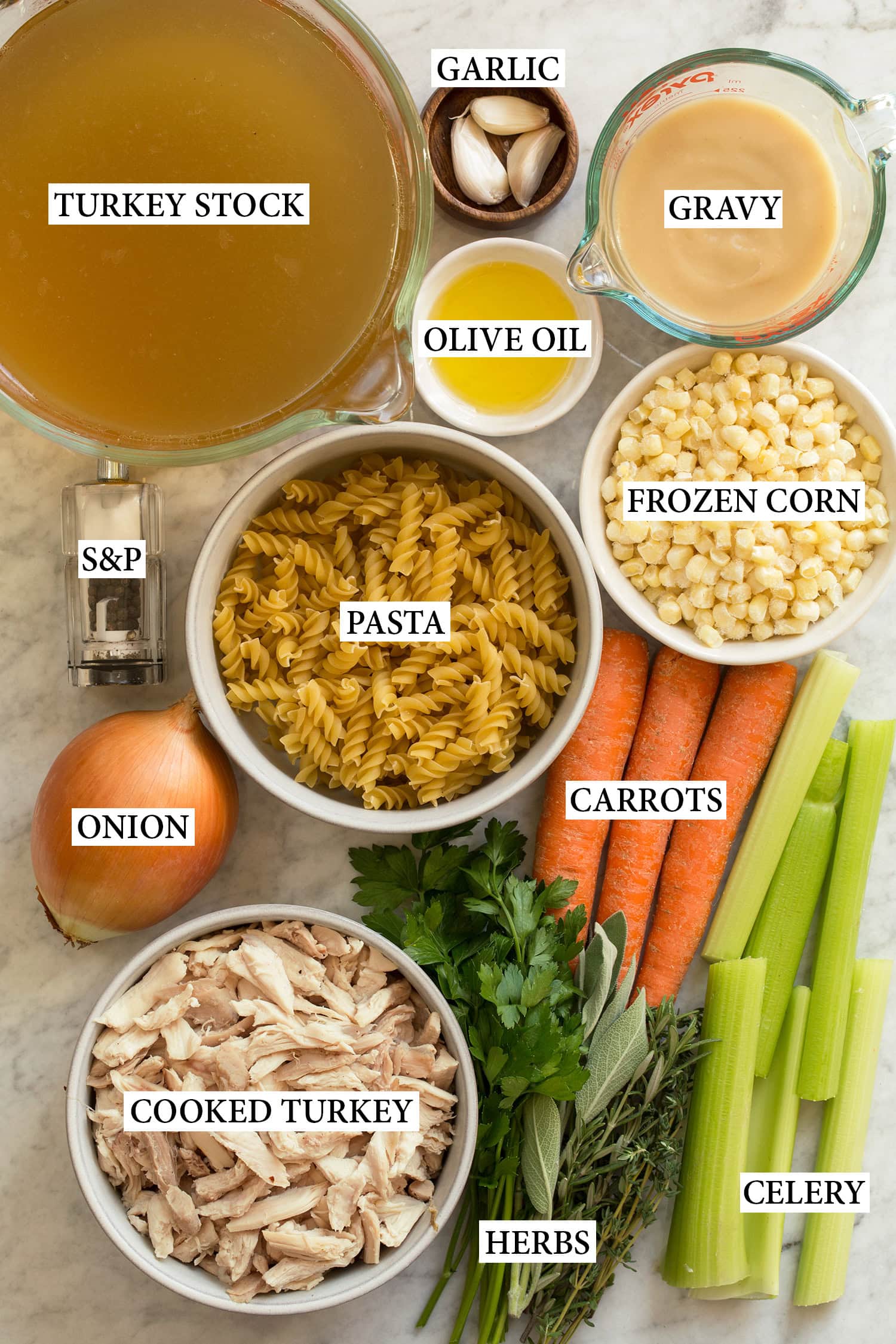 Ingredients used to make turkey soup from scratch.