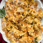 Browned butter sage sauce over ravioli pasta. - 1