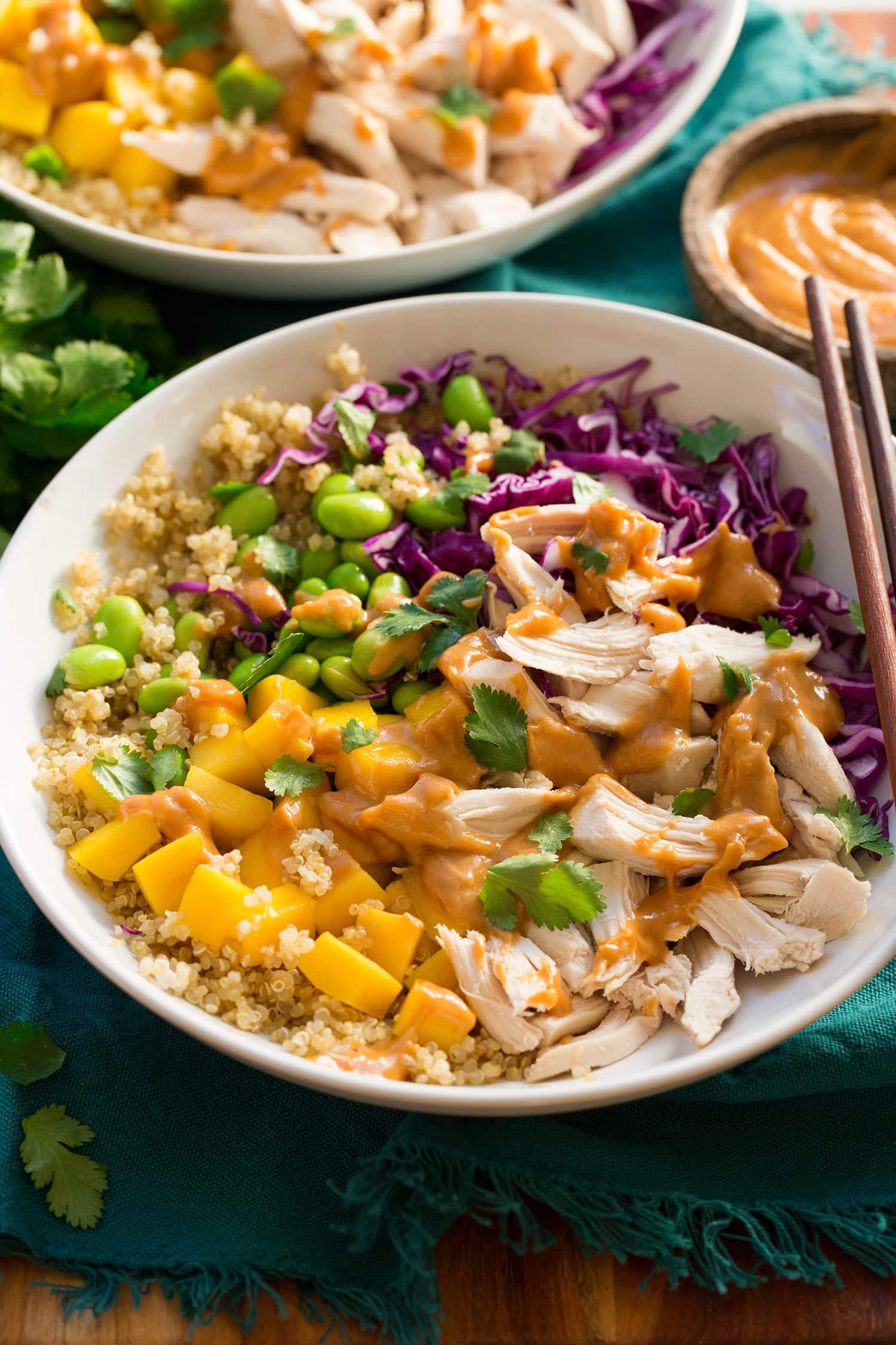 Gros plan d'un bol protéiné avec poulet, quinoa, edamame, chou, mangue et sauce aux arachides.