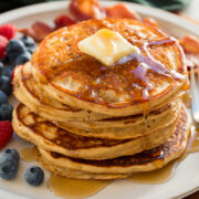 Close up photo of stack of homemade protein pancakes.