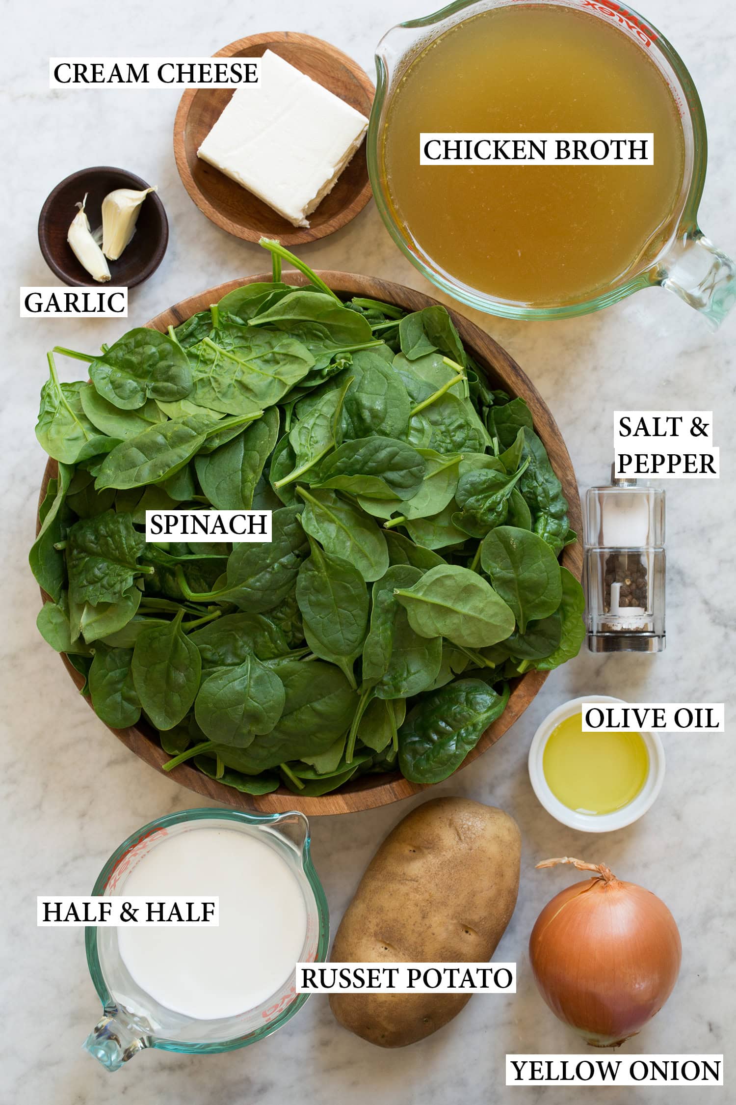 Spinach Soup Ingredients used to make spinach soup shown in bowls.
