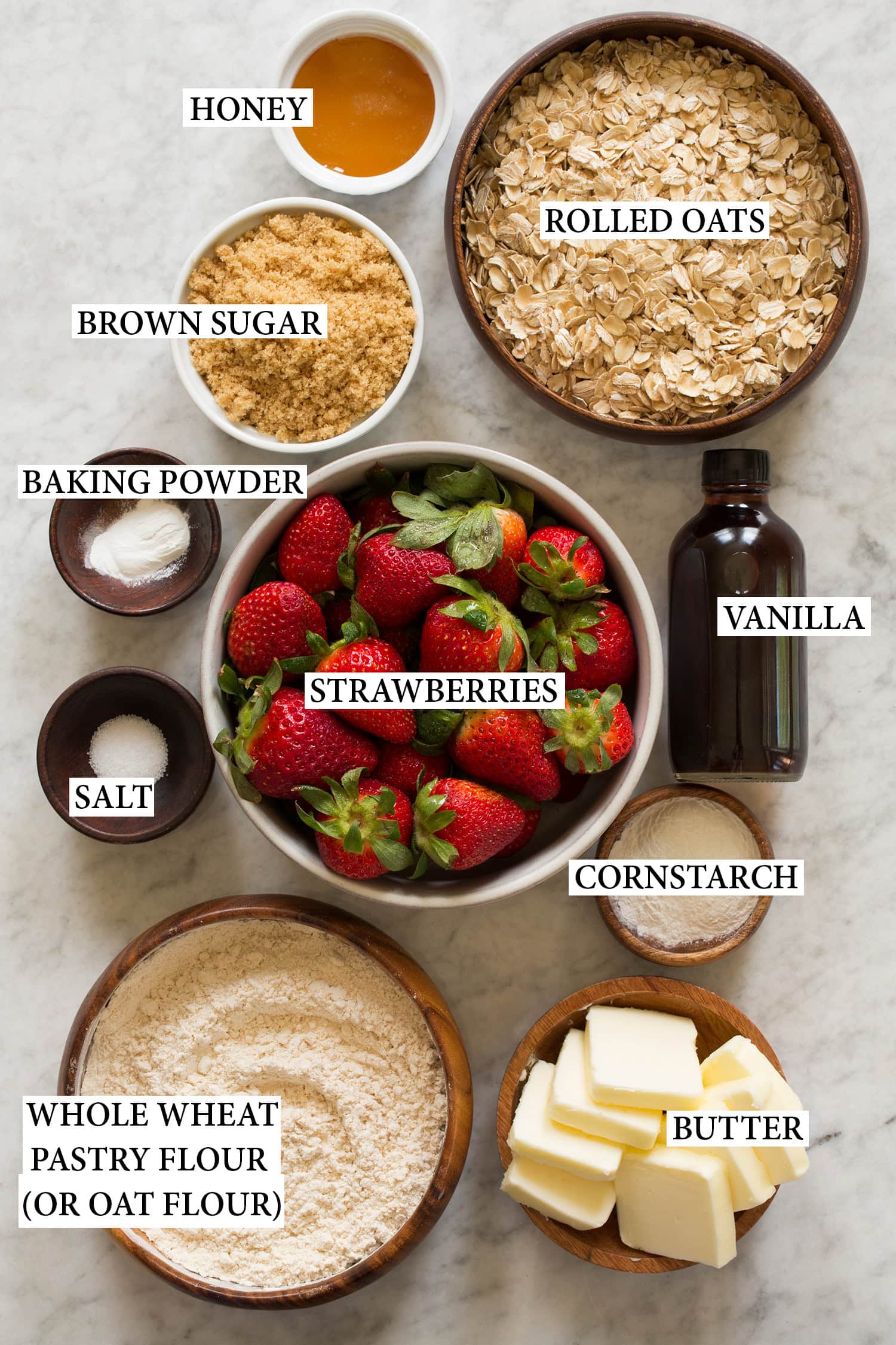 Ingredients used to make berry breakfast oatmeal bars.