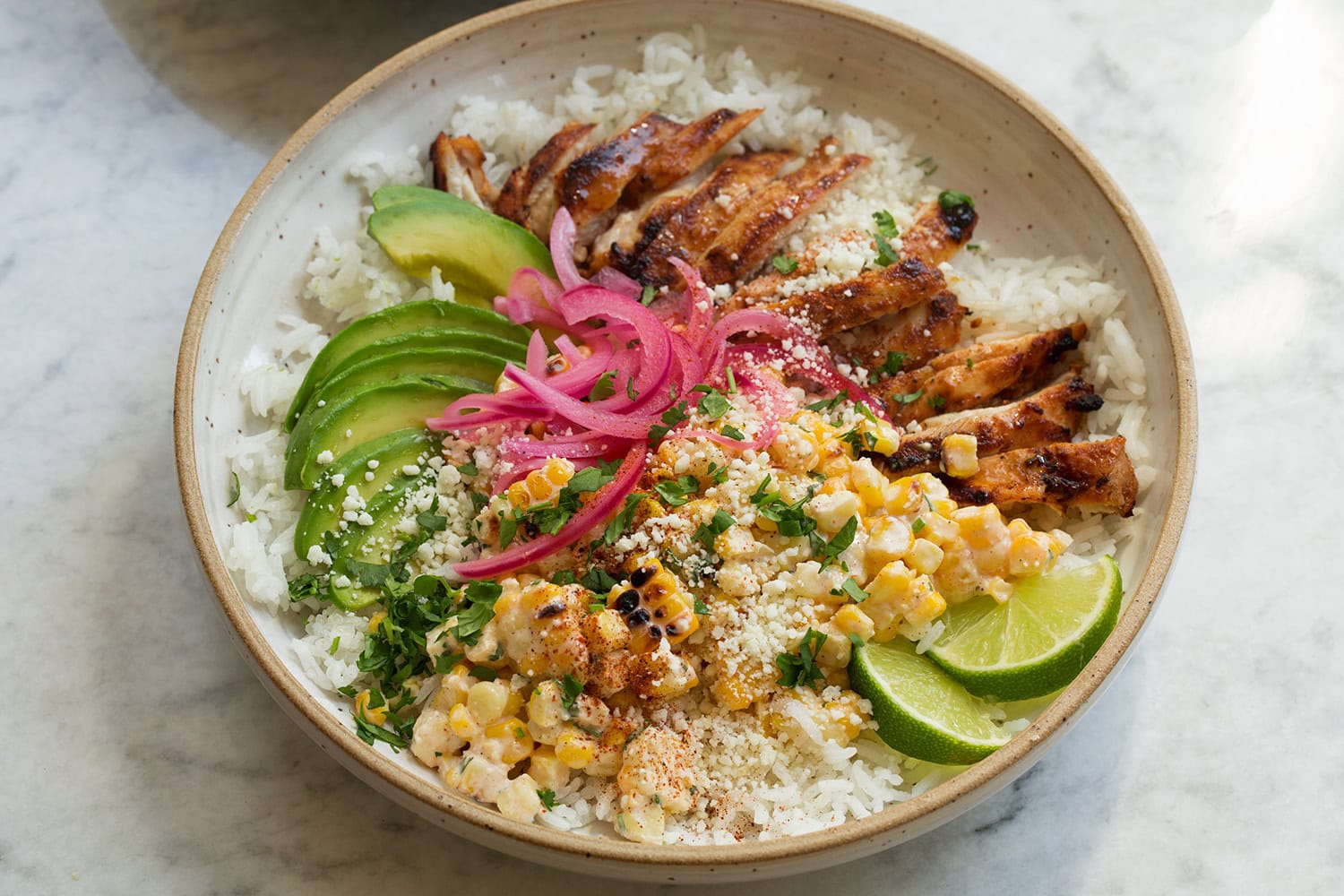Street Corn Chicken Rice Bowl Completed street corn chicken rice bowl shown after laying everything together.