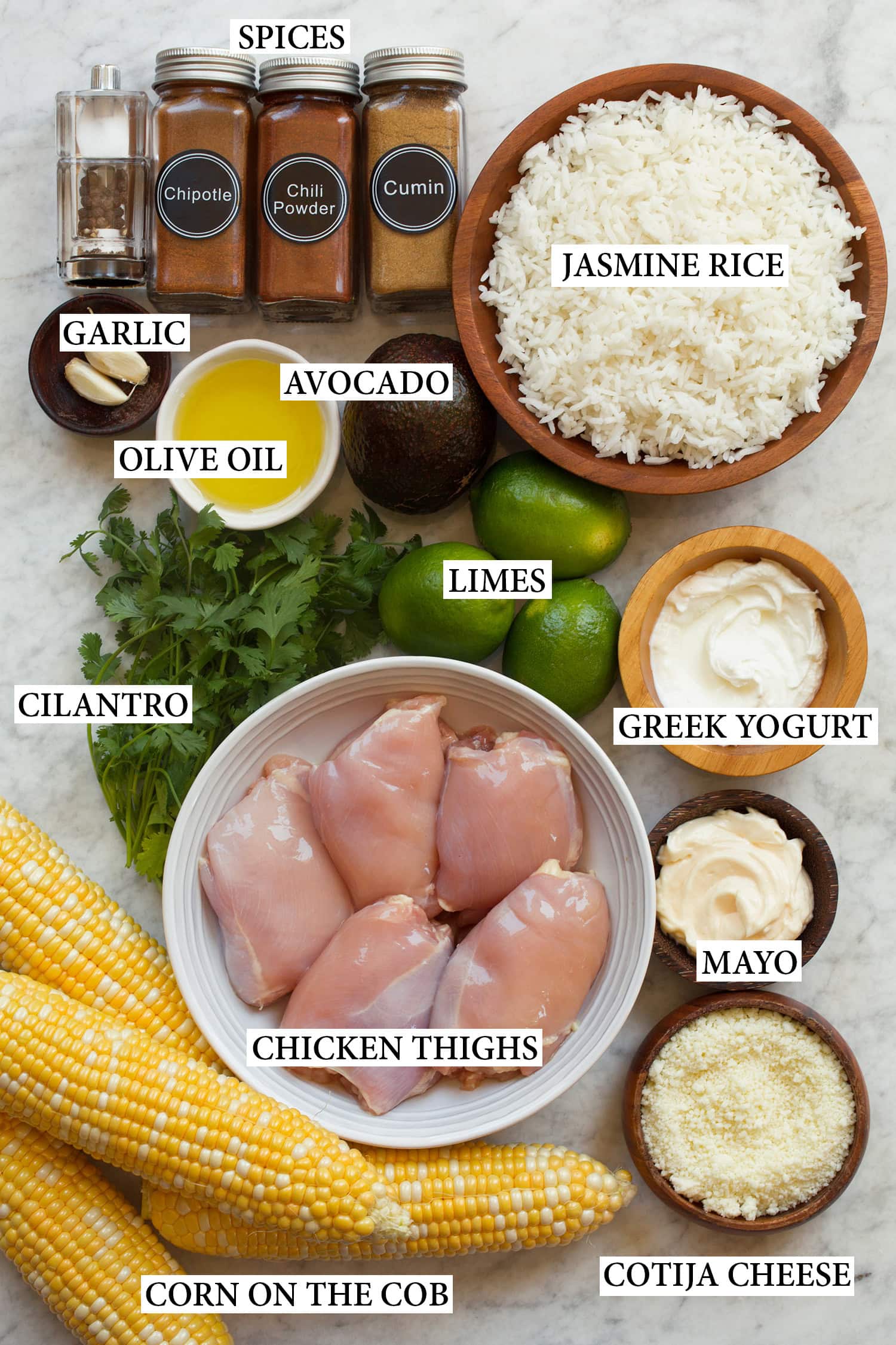 Ingredients used to make a chicken street corn rice bowl.